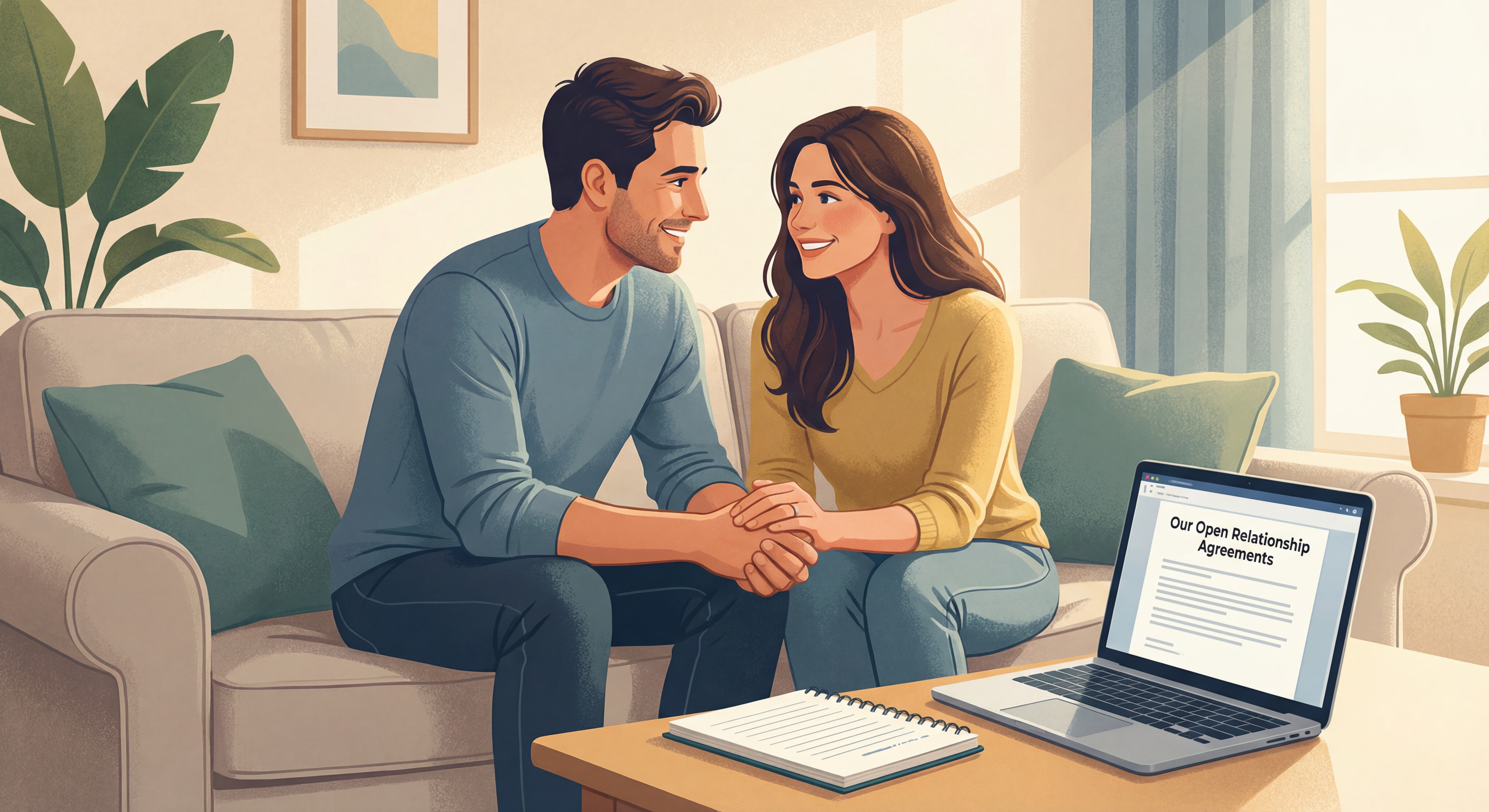 Couple en discussion intime et bienveillante, établissant des règles claires pour leur relation ouverte