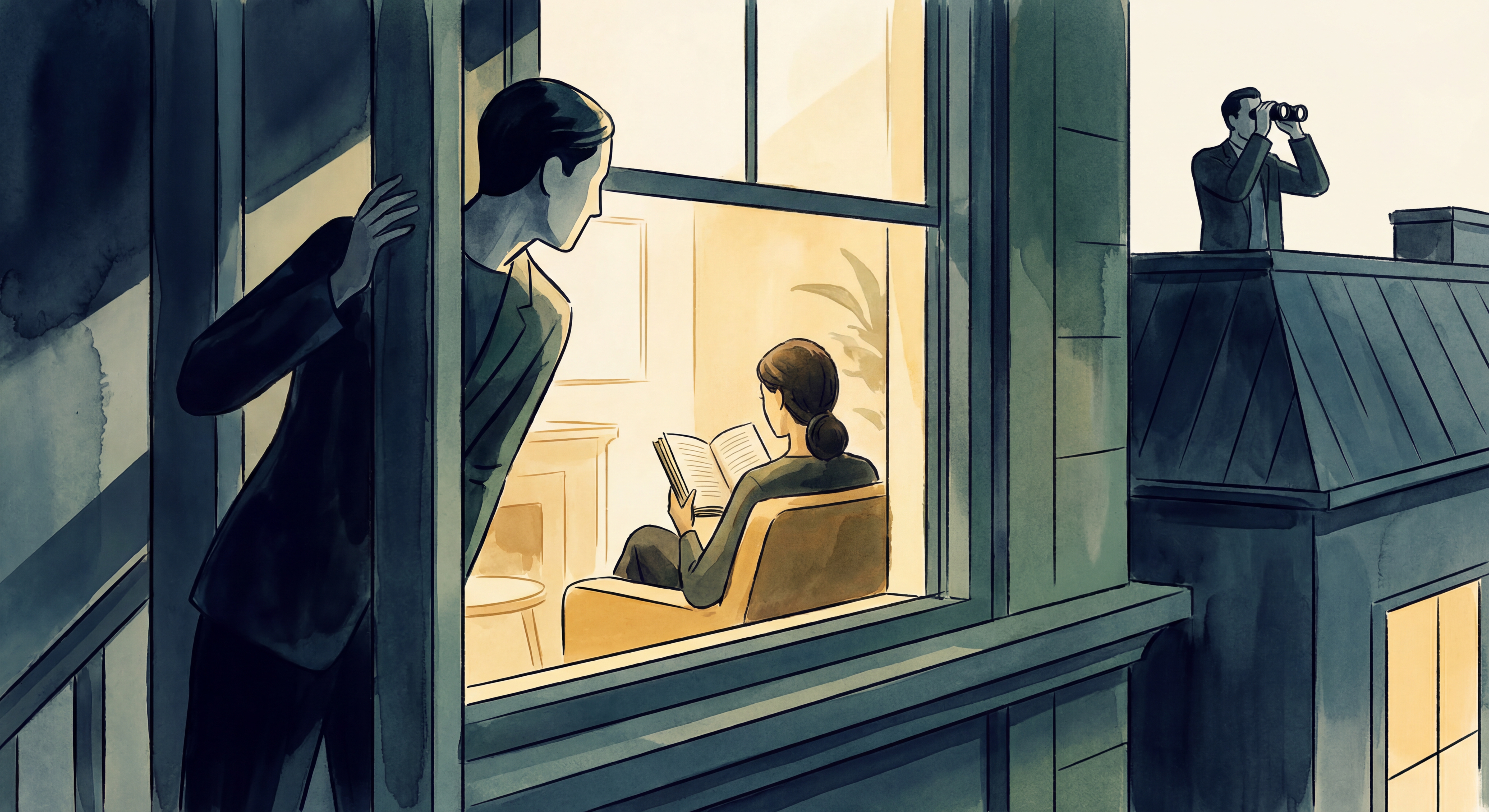 Illustration artistique et élégante évoquant le voyeurisme et l'observation dans l'intimité