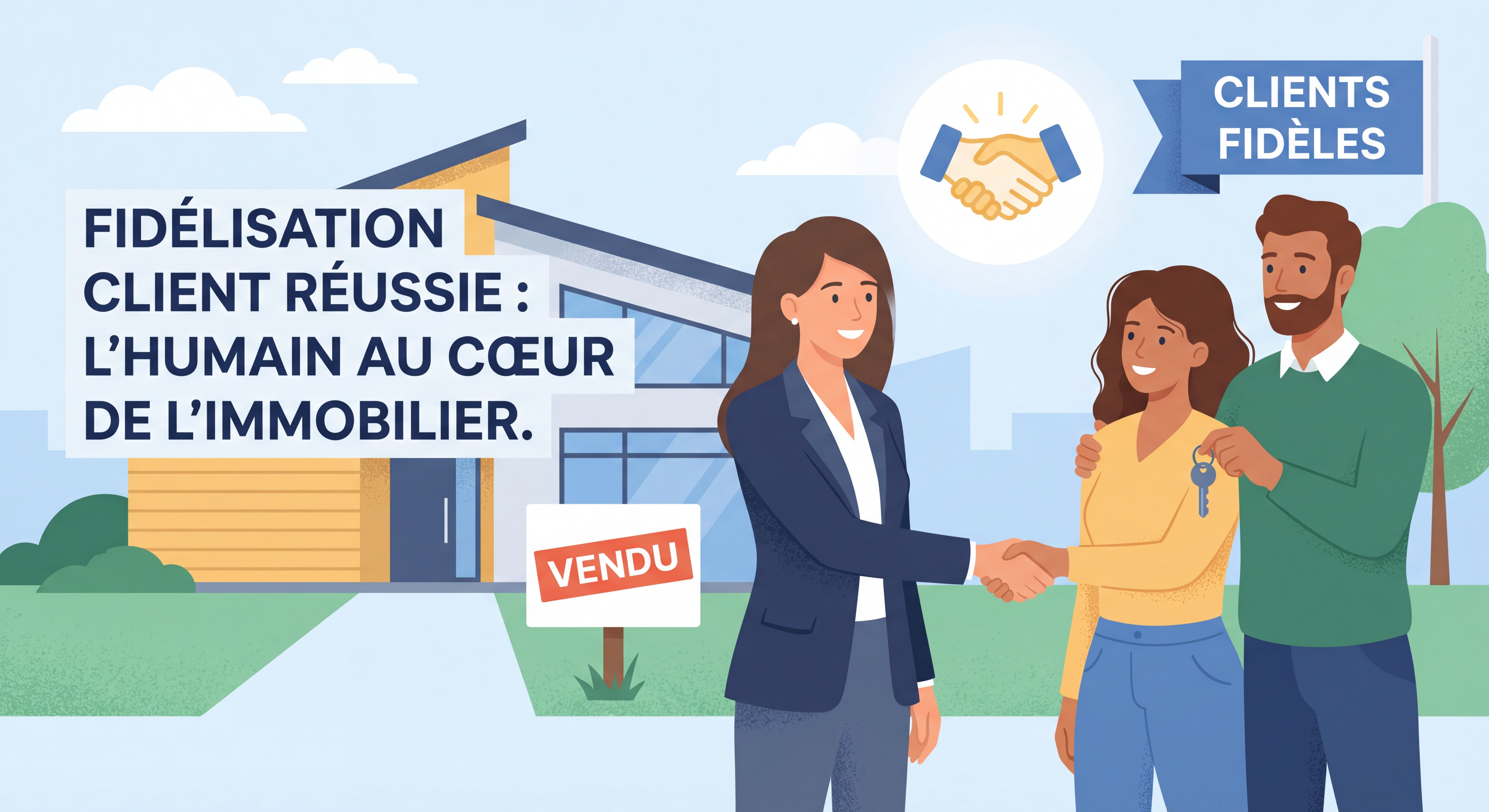 Agent immobilier serrant la main d'un couple satisfait devant une maison vendue, symbolisant la fidélisation client réussie