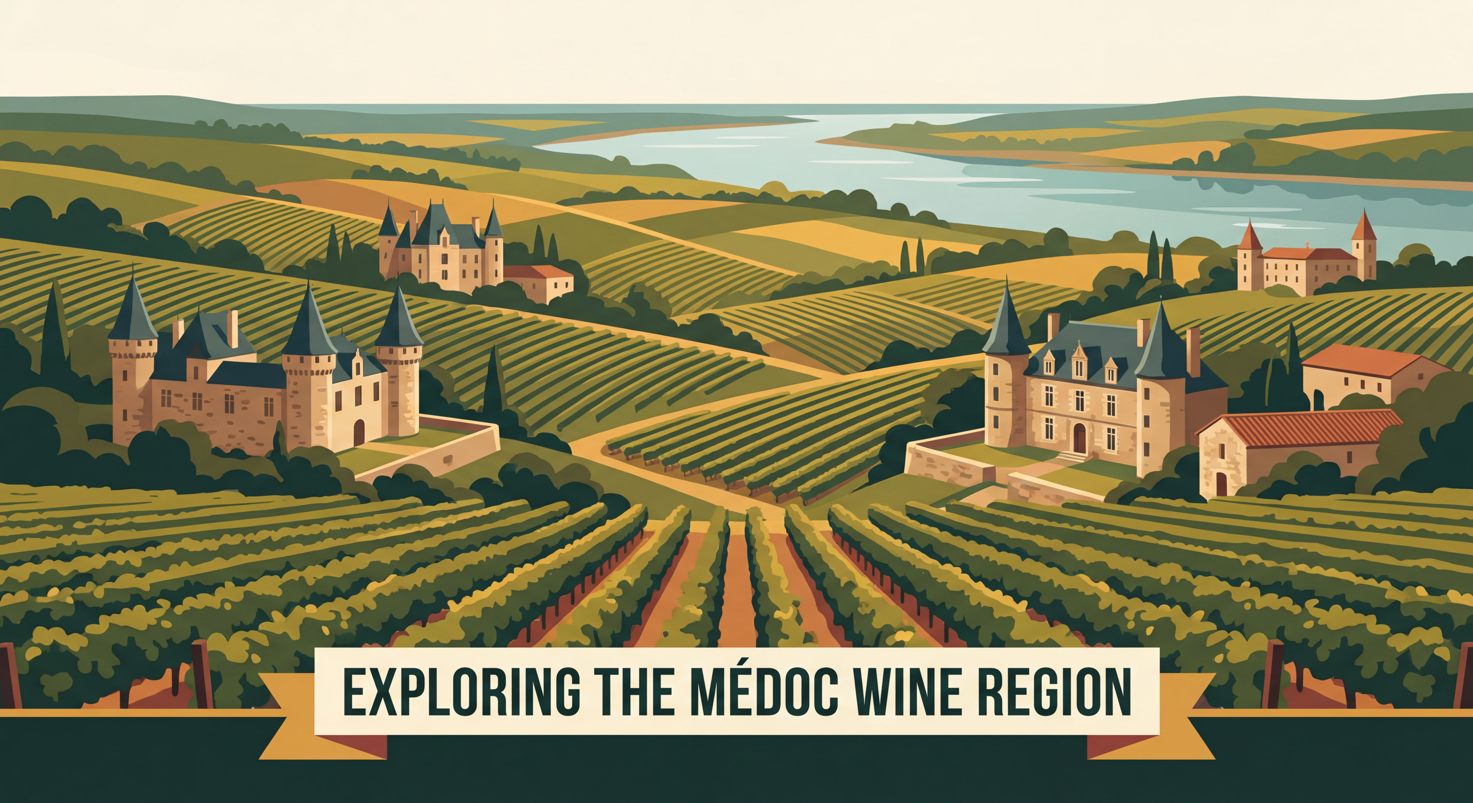 Vue panoramique des vignobles du Médoc avec châteaux viticoles et paysages vallonnés typiques de la région