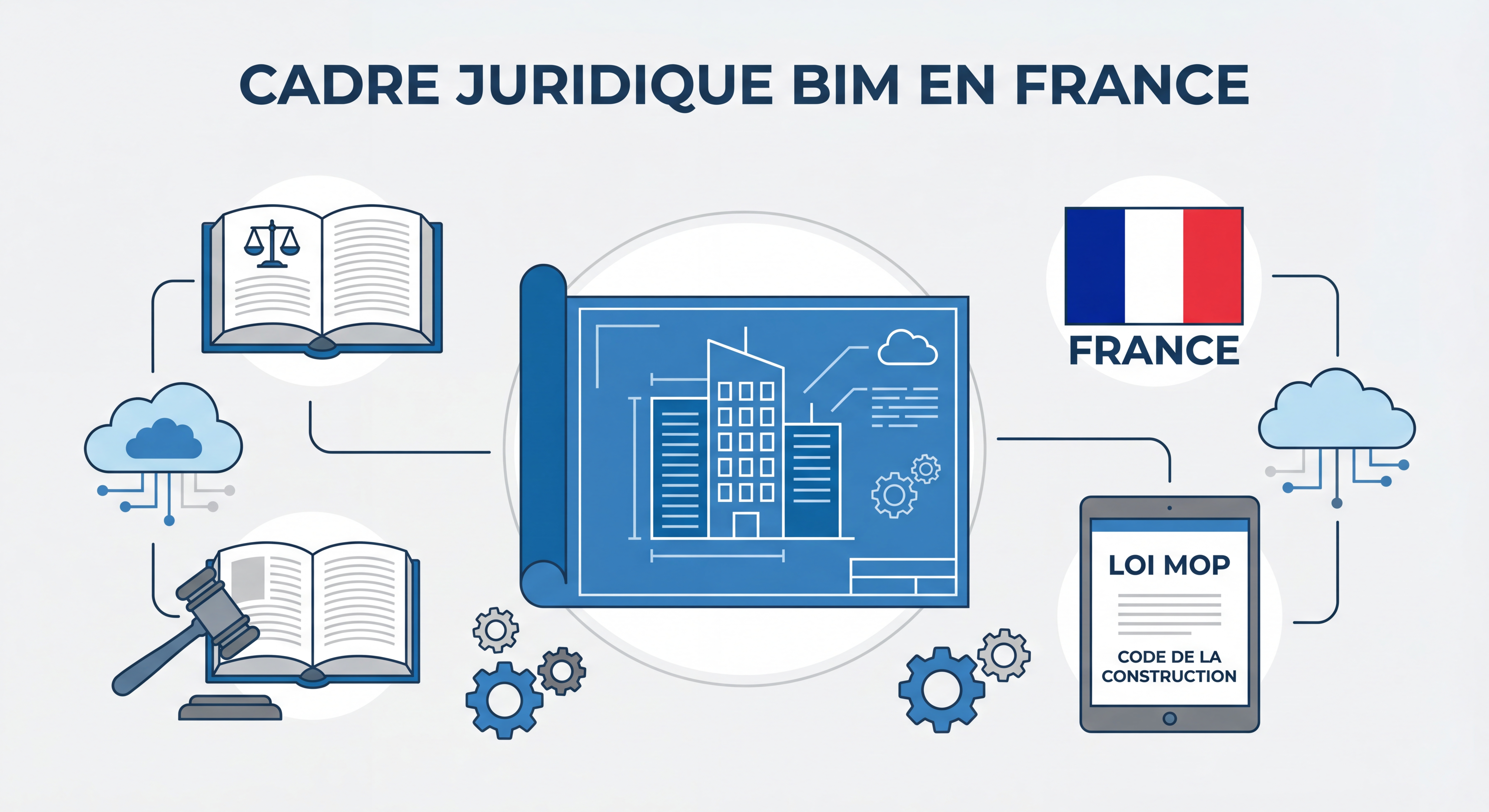 Illustration du cadre juridique BIM en France avec des éléments de construction numérique et de réglementation