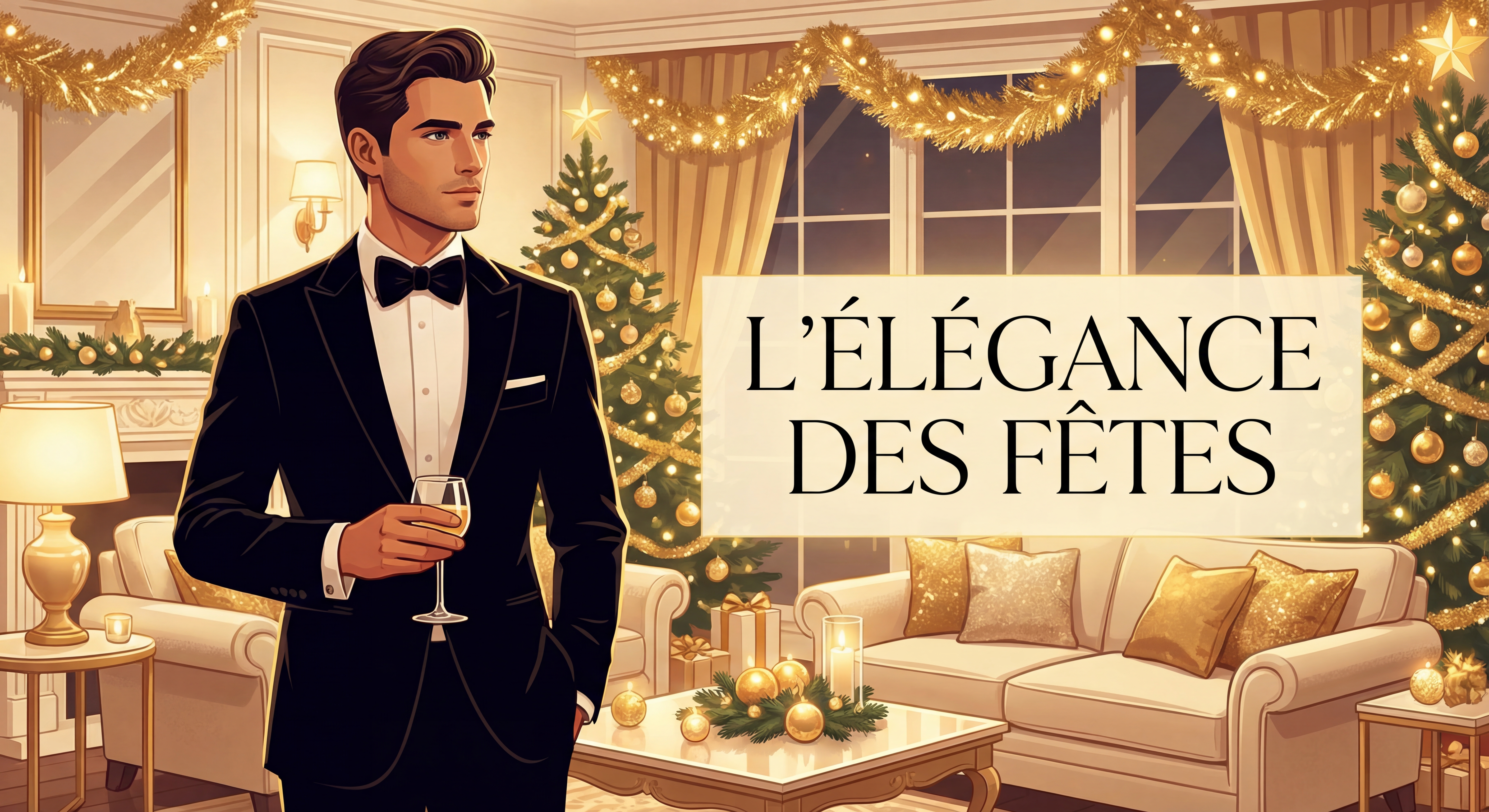Homme élégant en smoking noir avec nœud papillon dans un salon luxueux aux décorations de Noël dorées