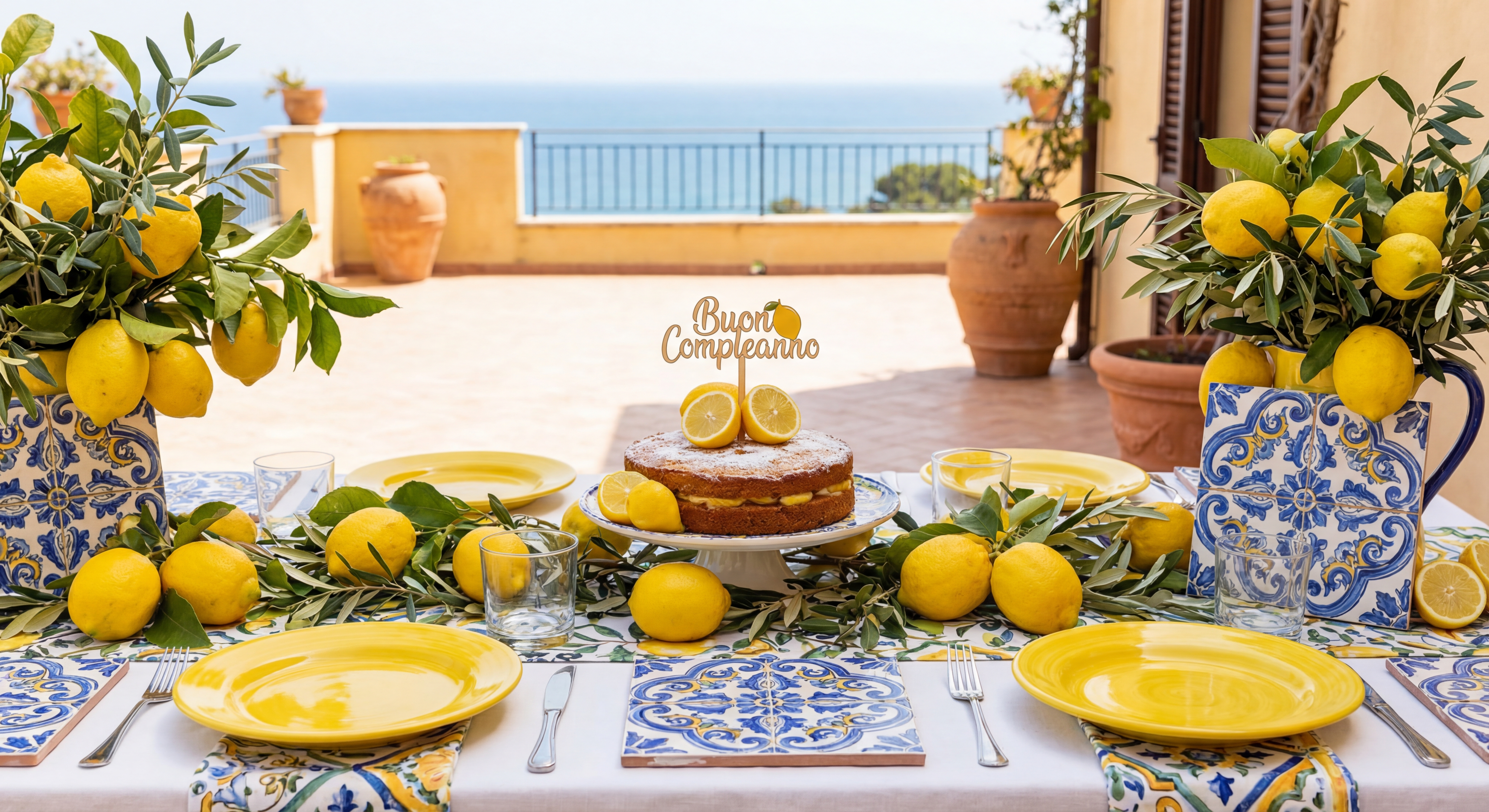 Table d'anniversaire thème citrons de Sicile avec vaisselle jaune et décorations méditerranéennes
