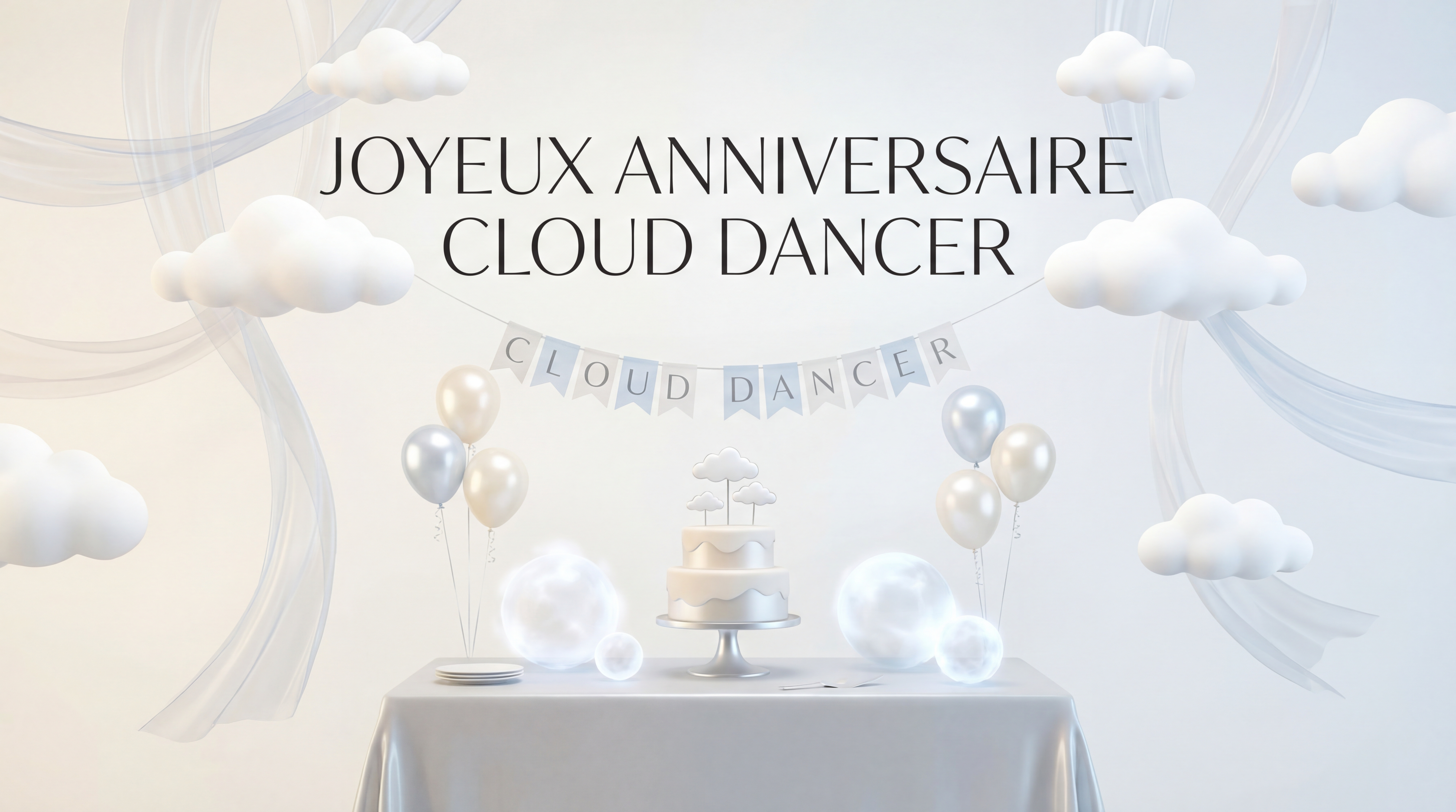 Décoration anniversaire Cloud Dancer avec nuages blancs et éléments vaporeux