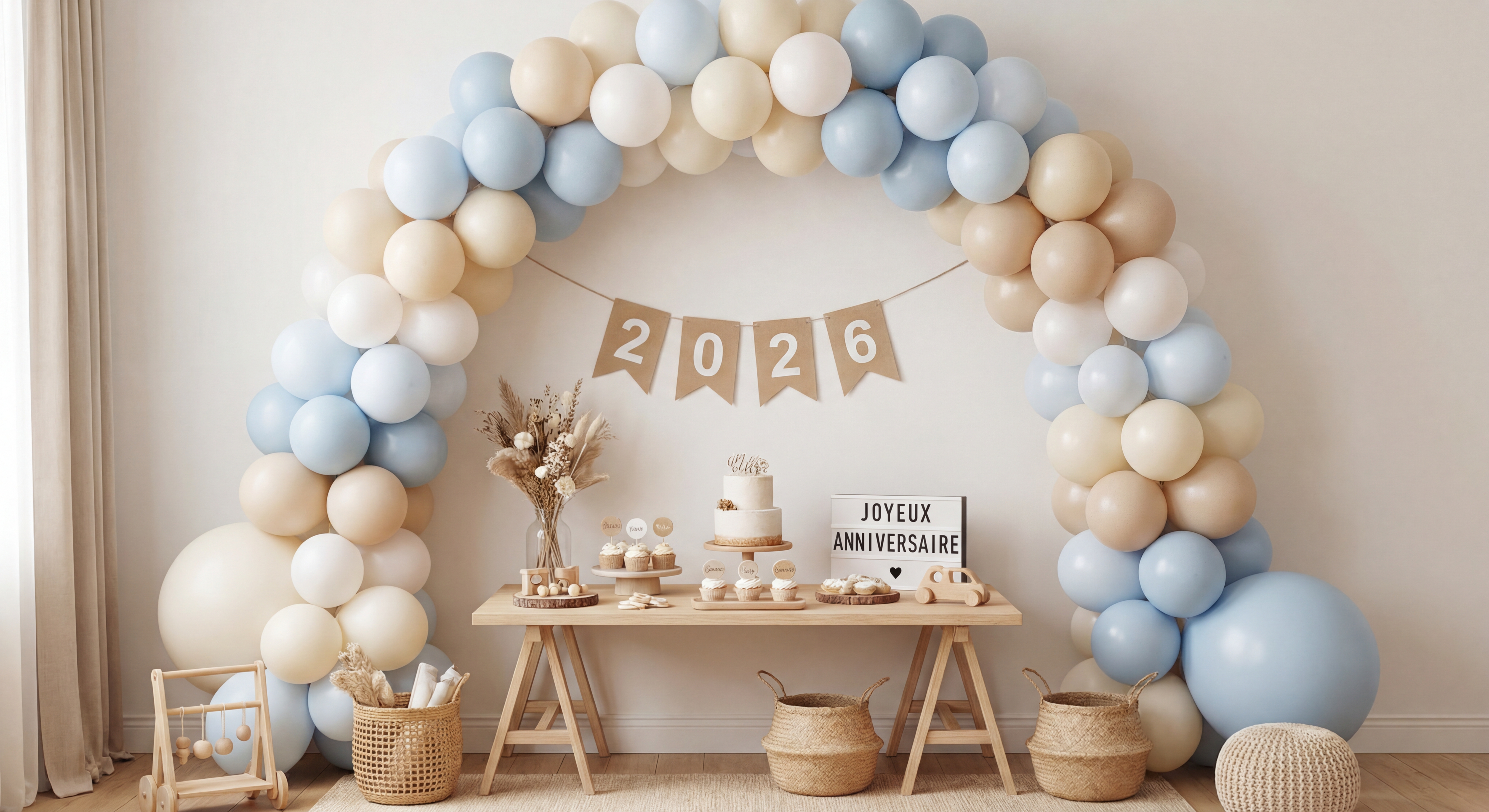 Décoration anniversaire enfant 2026 avec ballons Cloud Dancer et éléments tendance