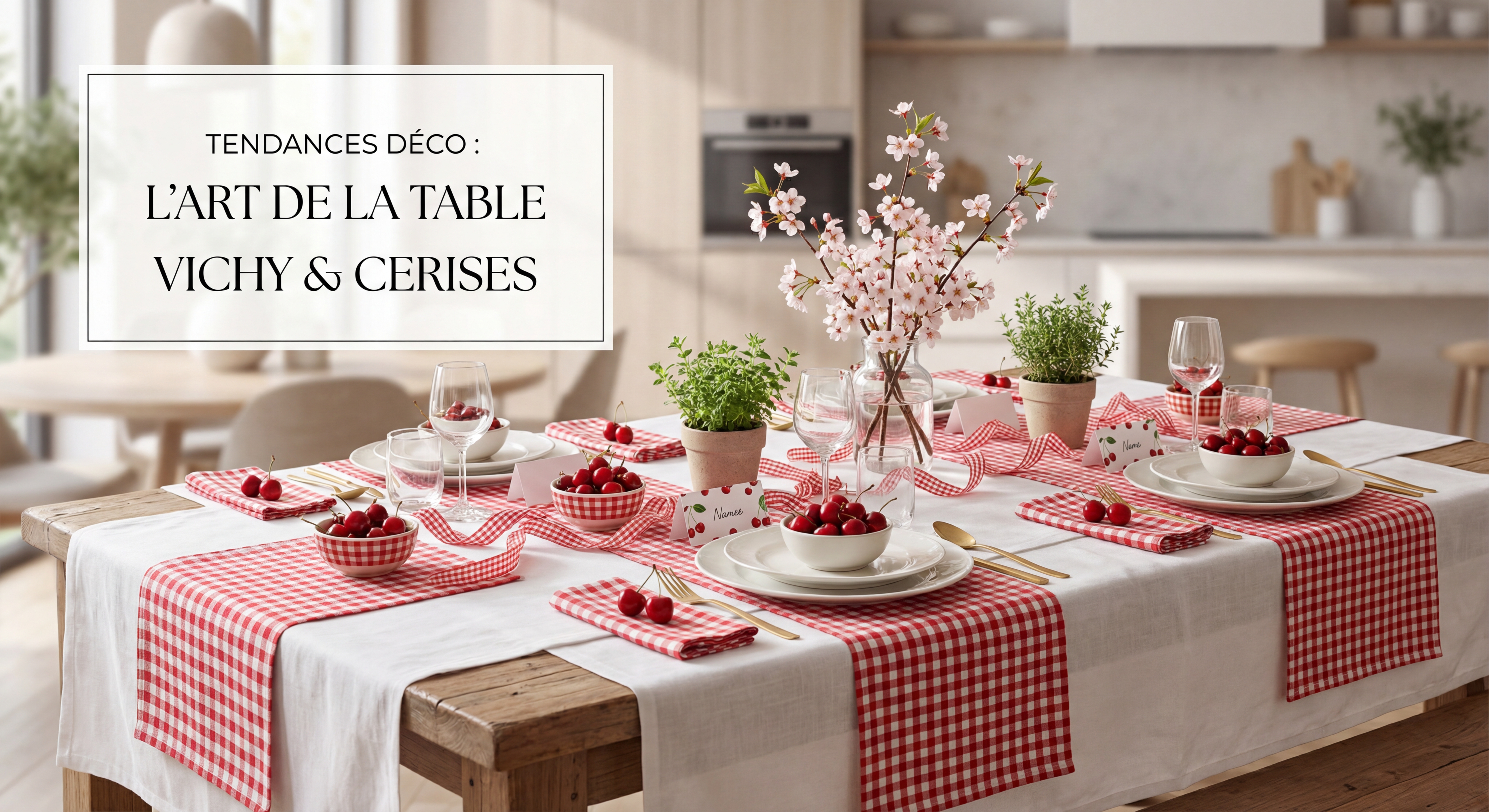 Décoration mixte vichy et cerises avec table dressée élégamment