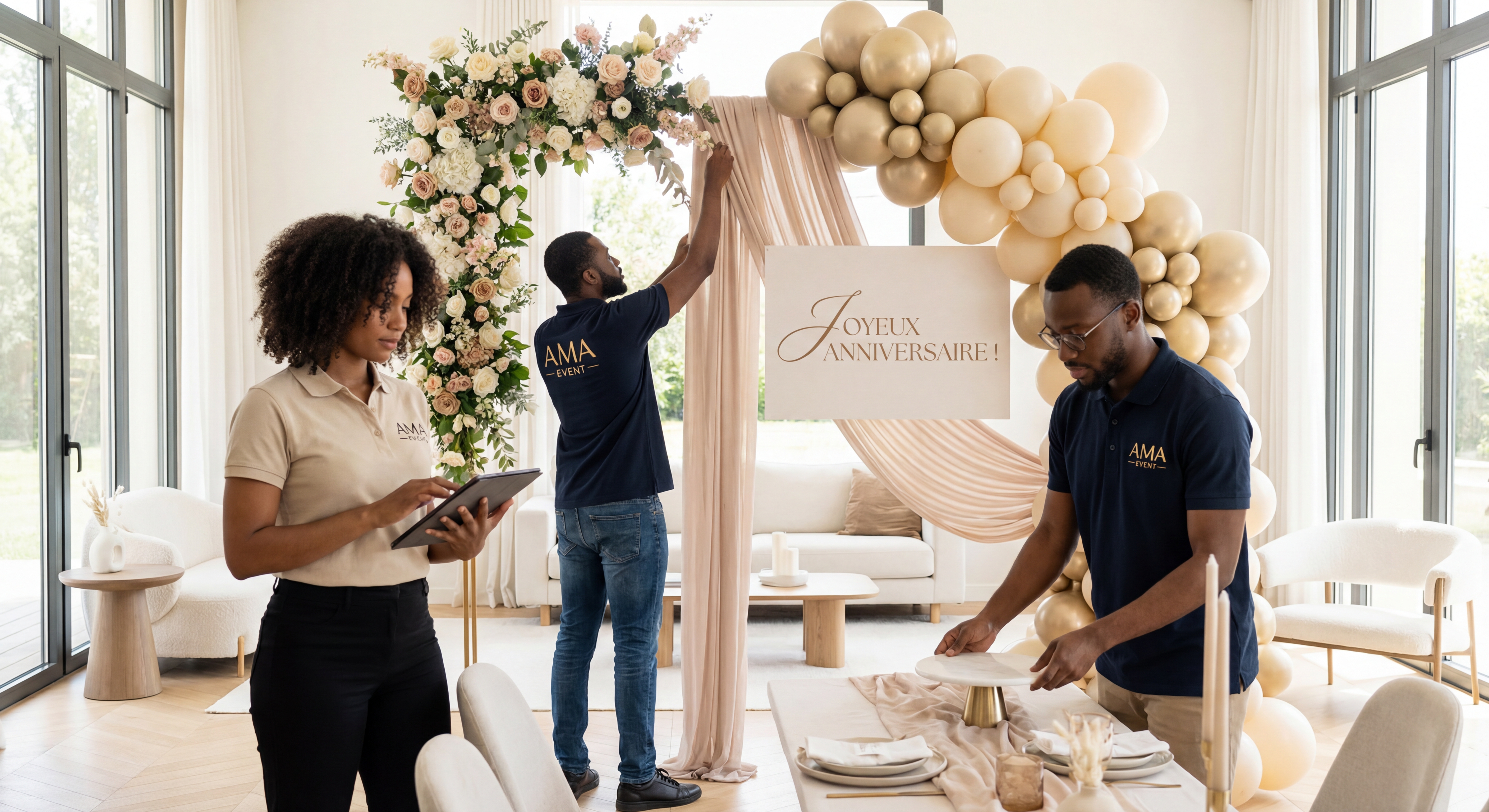Équipe AMA Event en action lors d'une installation de décoration anniversaire haut de gamme
