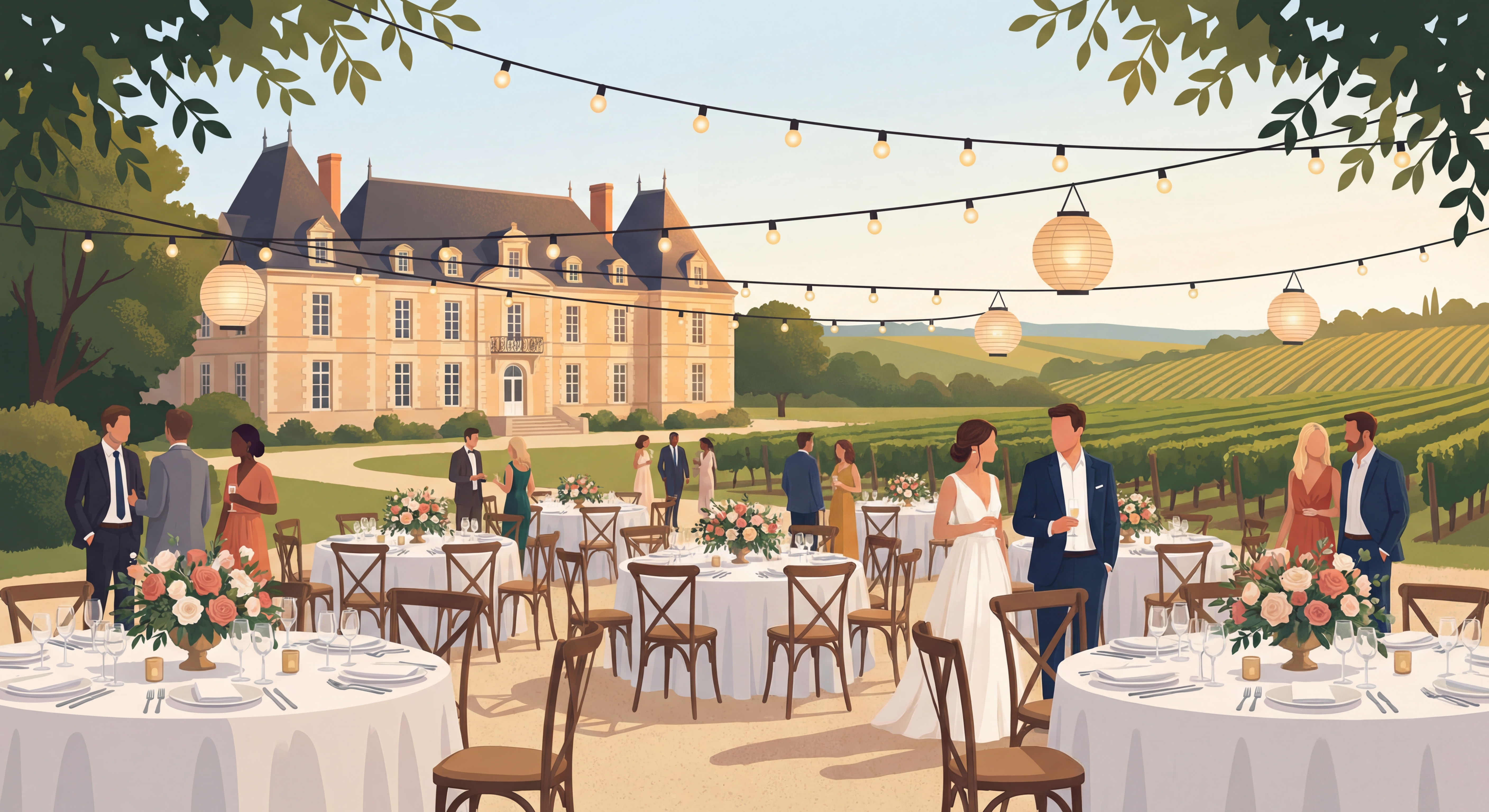 Scénographie professionnelle sophistiquée dans un domaine viticole de la Loire avec éclairage d'ambiance et compositions florales sur-mesure