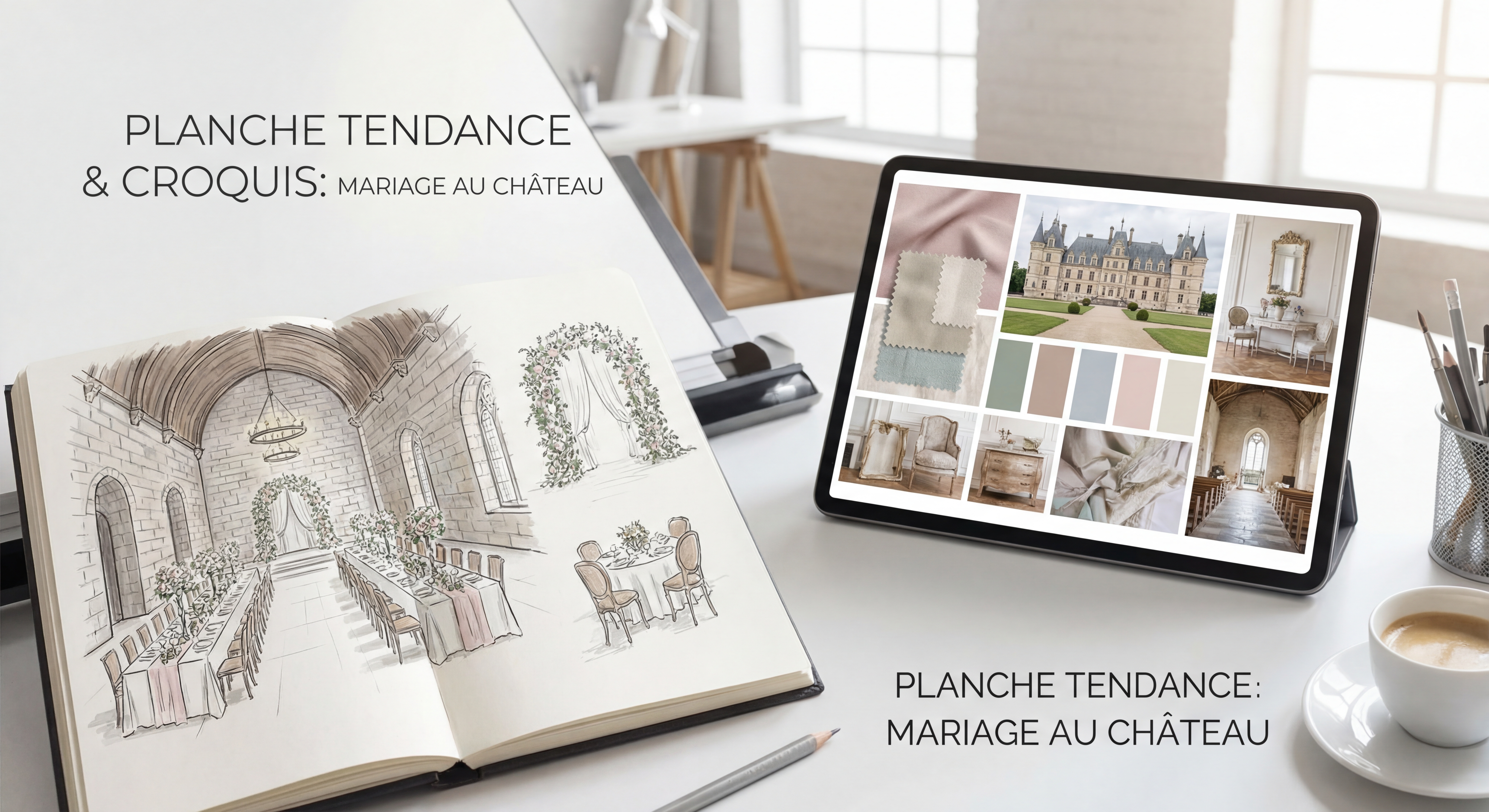 Planche tendance et croquis de scénographe professionnel montrant le processus créatif pour un mariage dans un château de la Loire