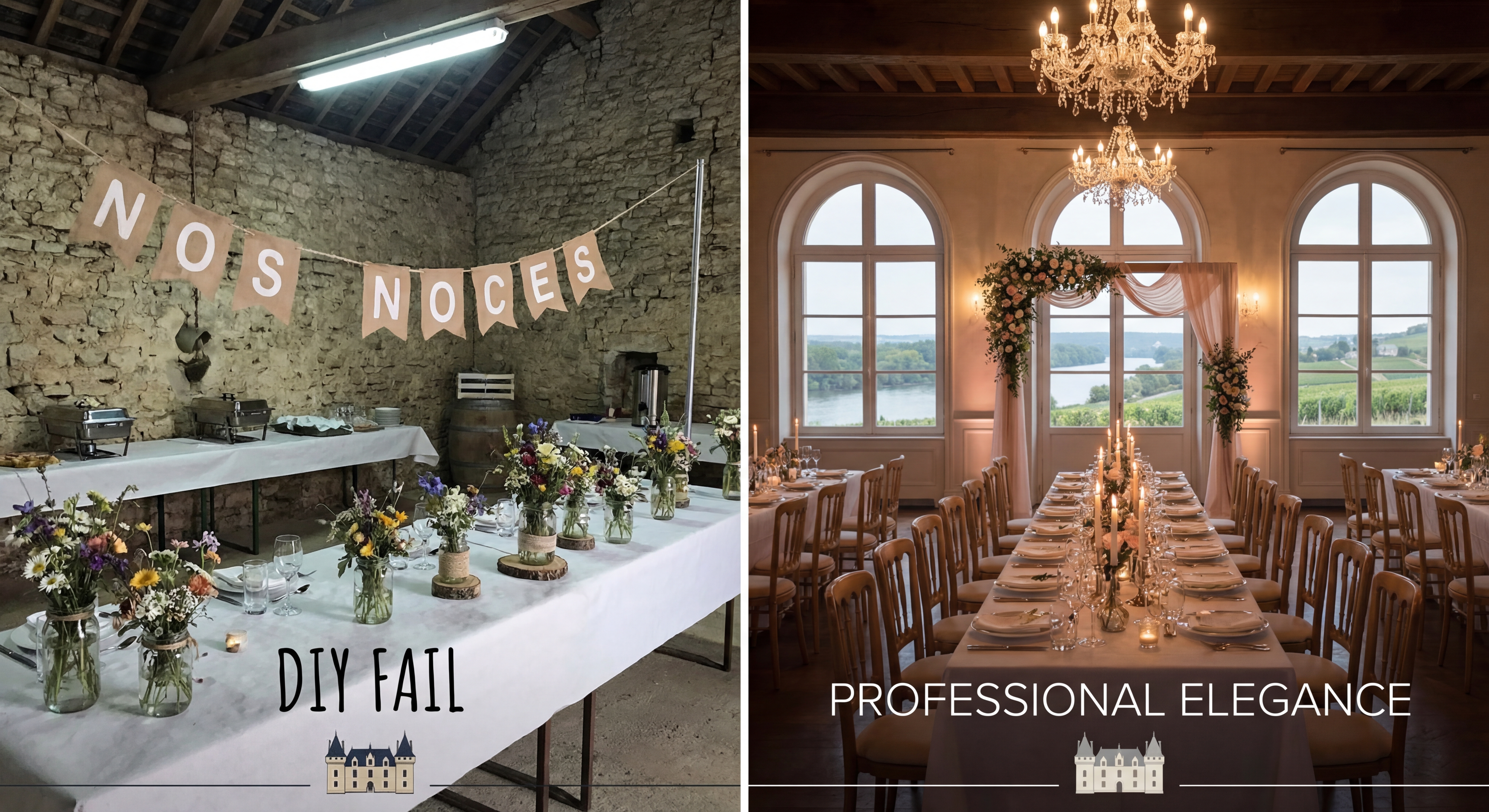 Comparaison visuelle entre une décoration DIY ratée et une scénographie professionnelle élégante dans un lieu de réception de la Loire