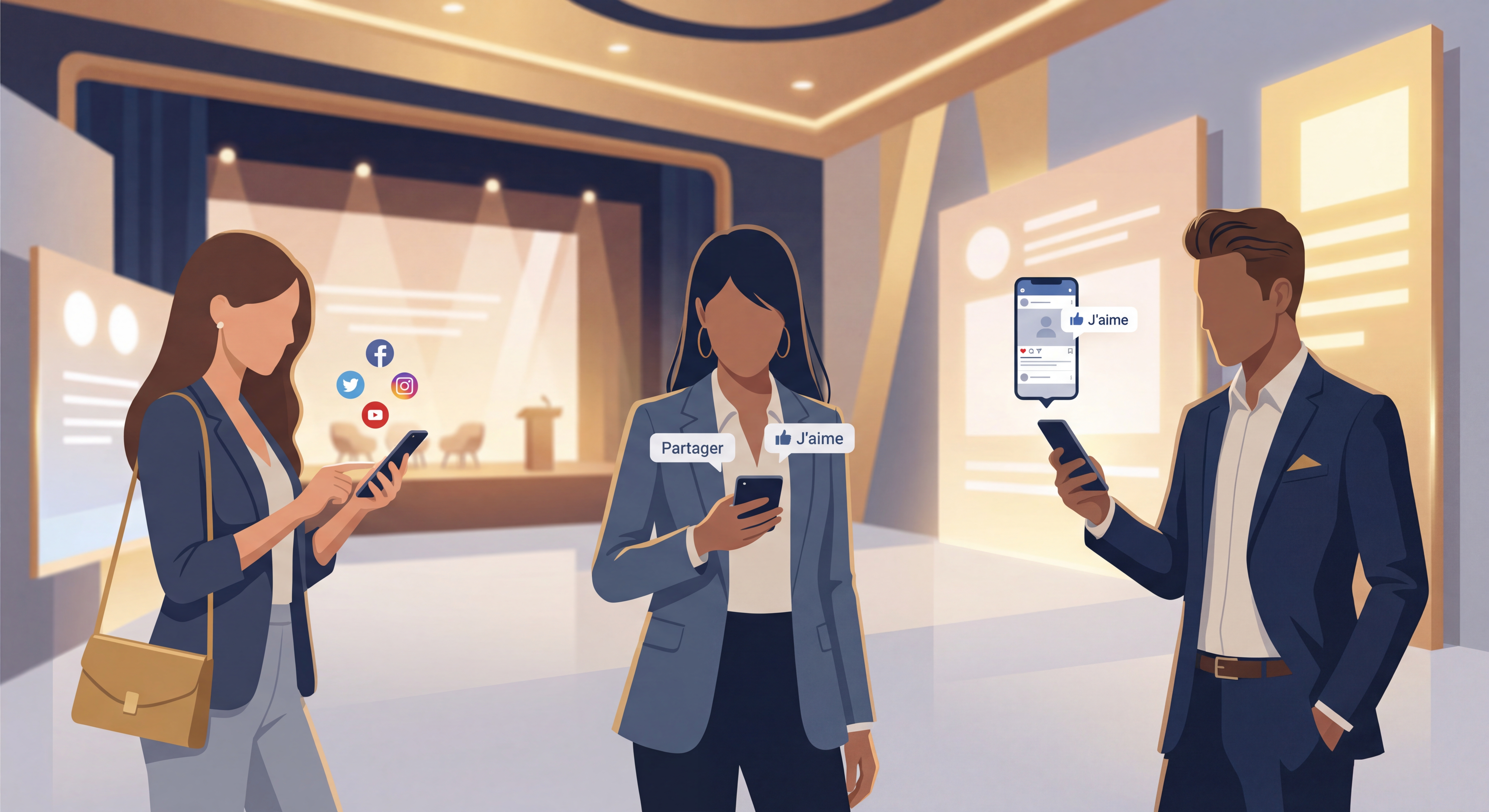 Participants prenant des selfies dans un décor événementiel élégant, partageant sur les réseaux sociaux
