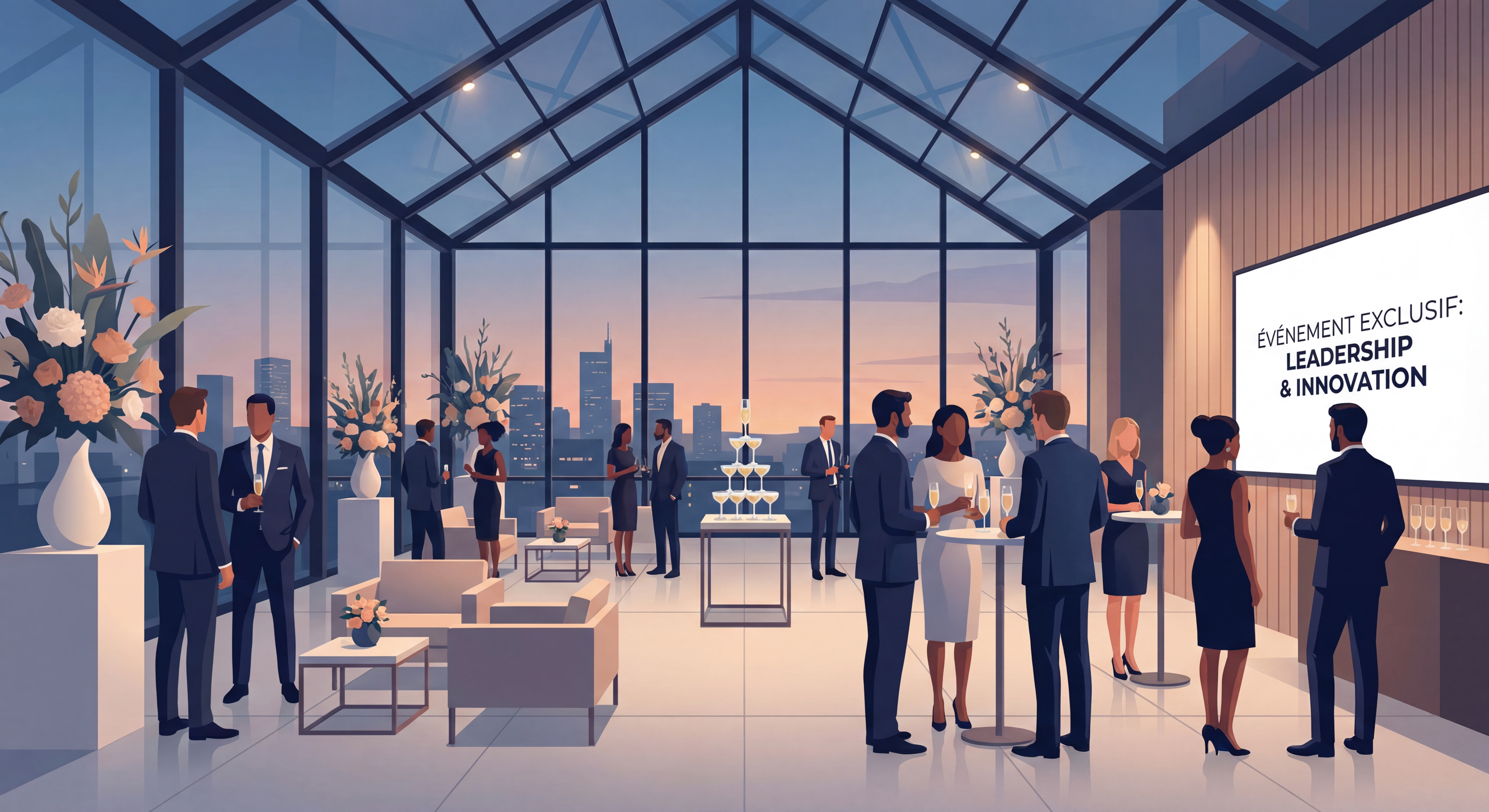 Événement professionnel élégant avec décoration haut de gamme, dirigeants d'entreprise en networking dans un cadre sophistiqué