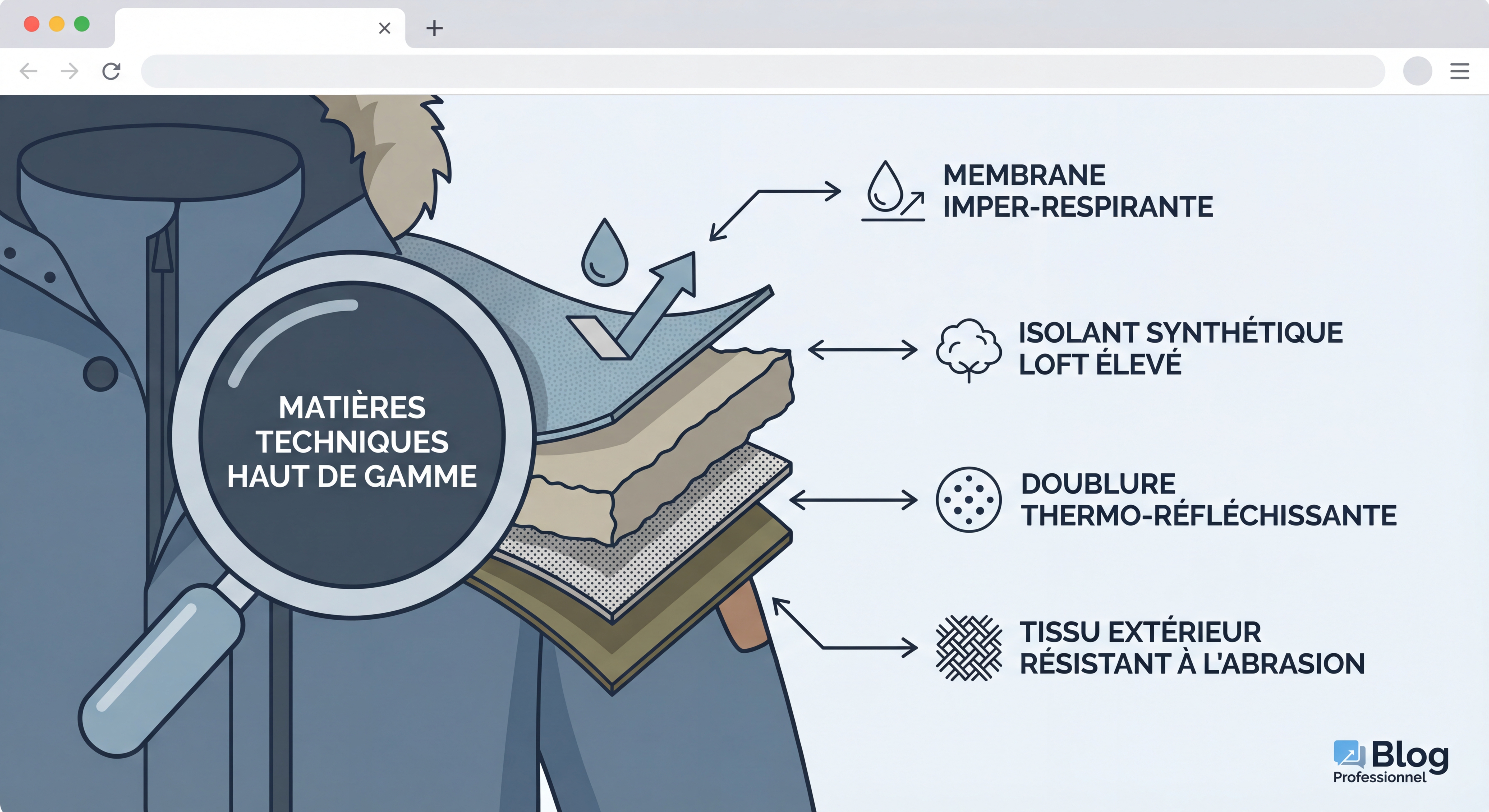 Détail des matières techniques d'une parka haut de gamme