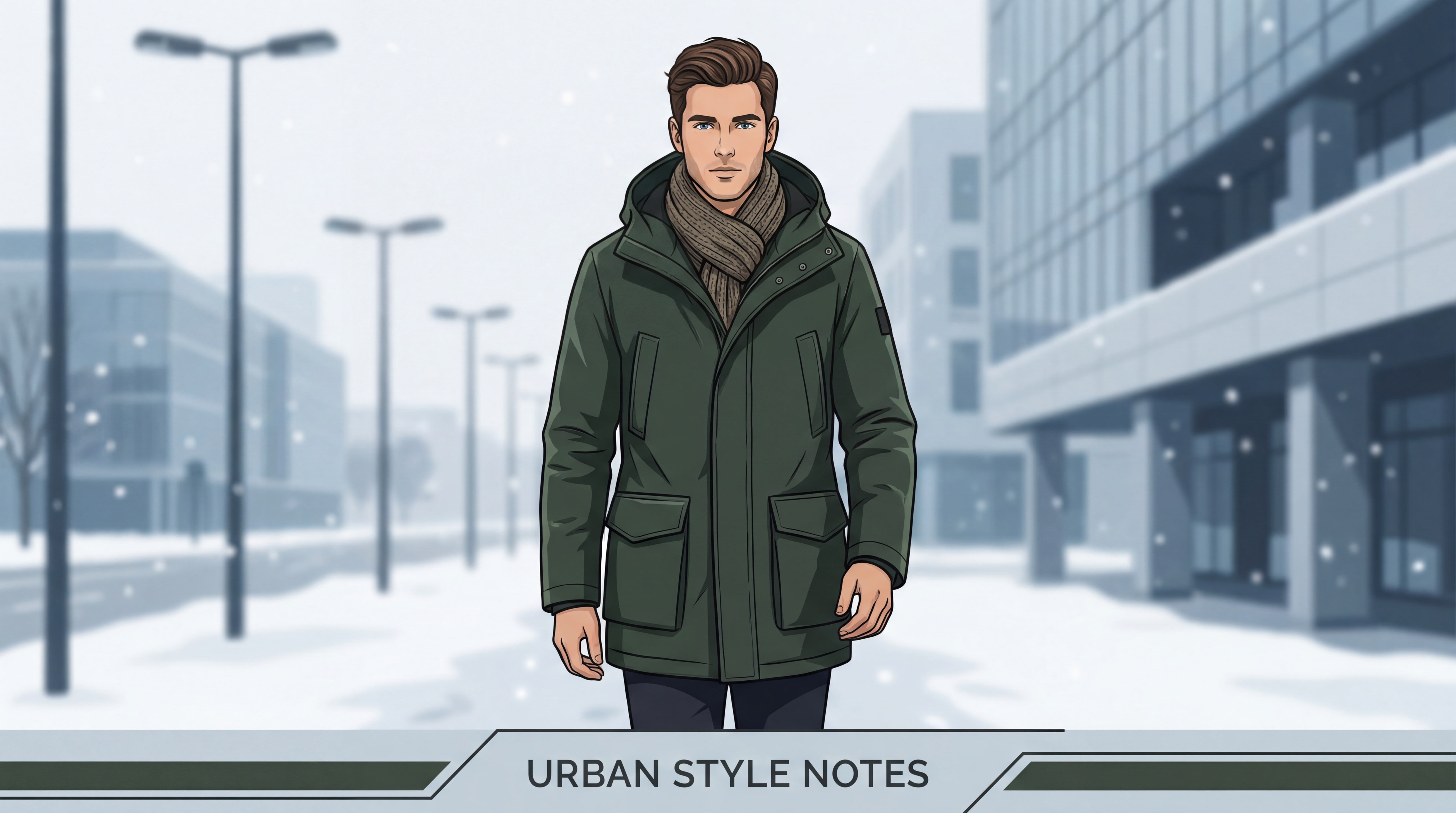 Homme élégant portant une parka de qualité dans un paysage urbain hivernal