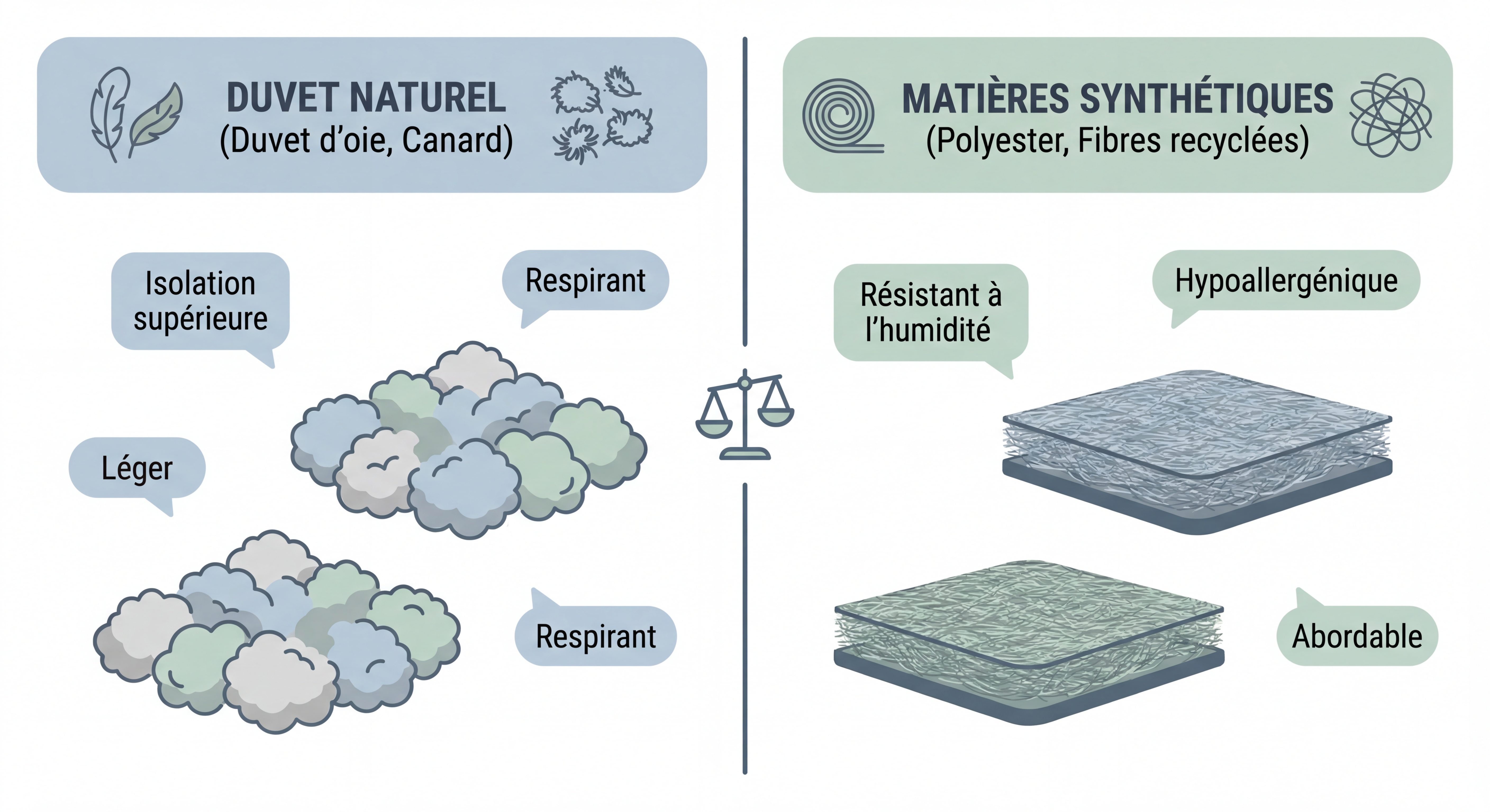 Comparaison visuelle de différents types de duvet et matières synthétiques