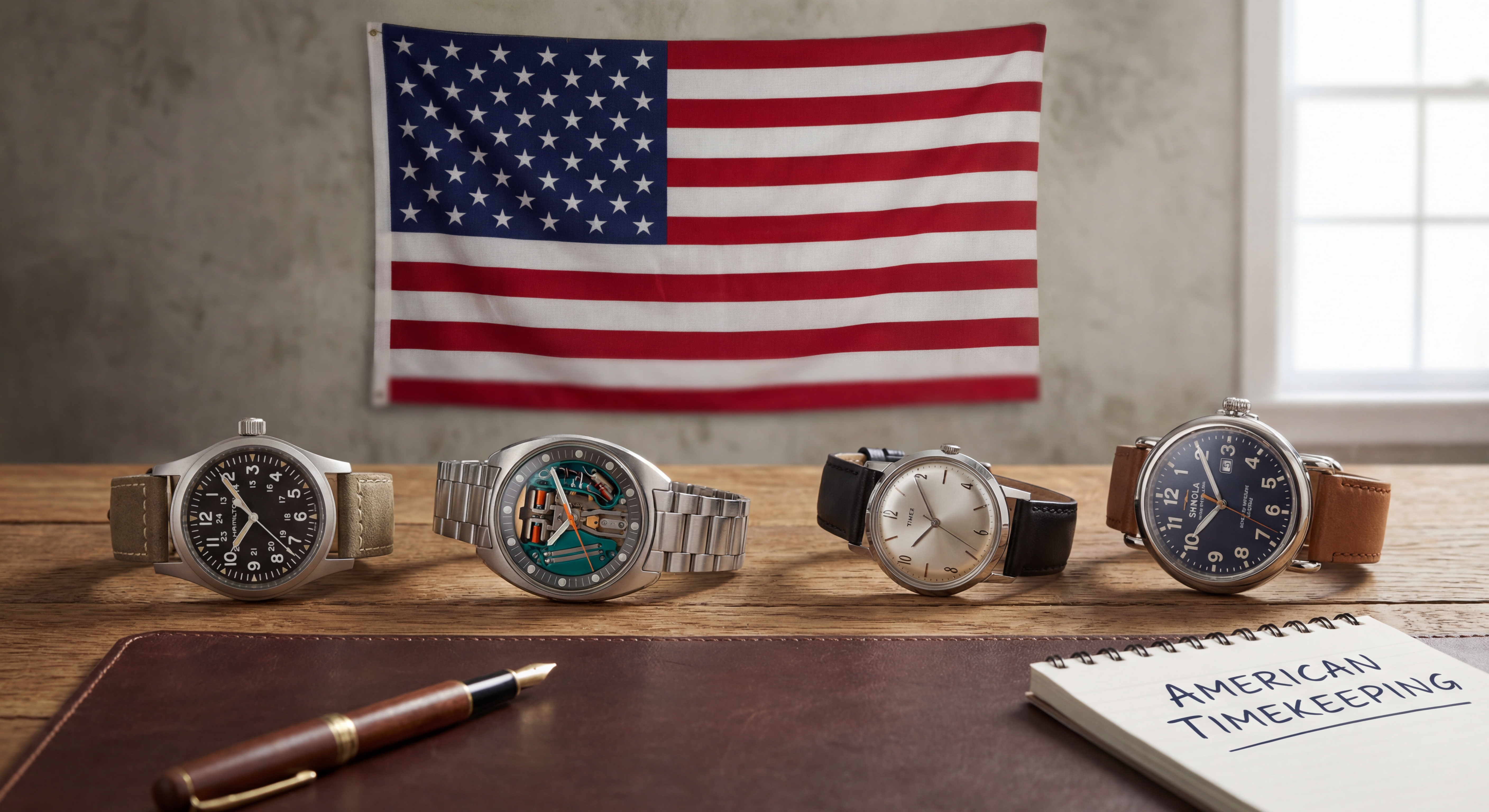 Collection de montres américaines iconiques disposées sur un bureau en bois avec le drapeau américain en arrière-plan