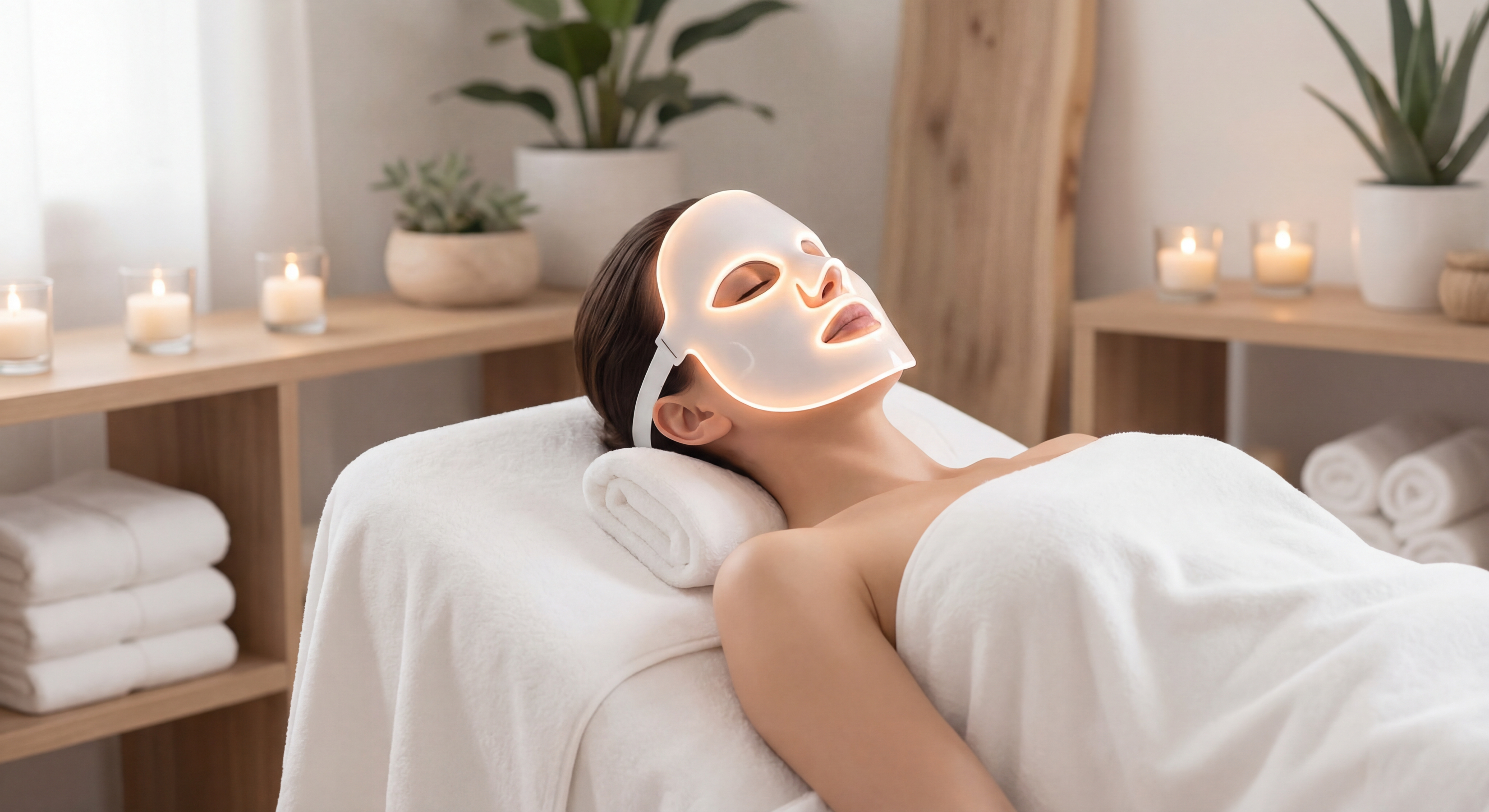 Masque LED en action sur le visage d'une femme dans un environnement spa à domicile avec bougies et serviettes blanches