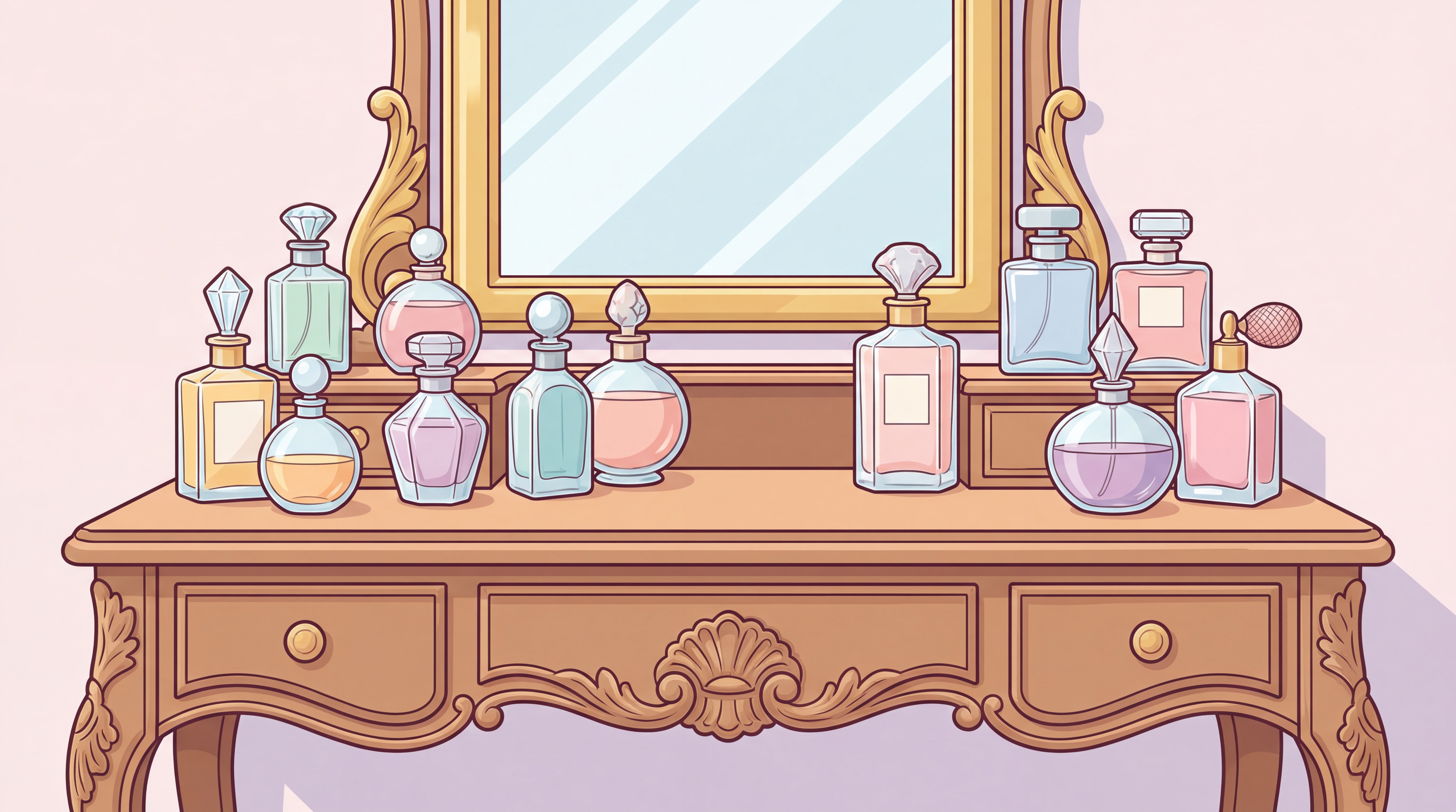 Collection de flacons de parfums féminins disposés élégamment sur une coiffeuse vintage avec miroir doré