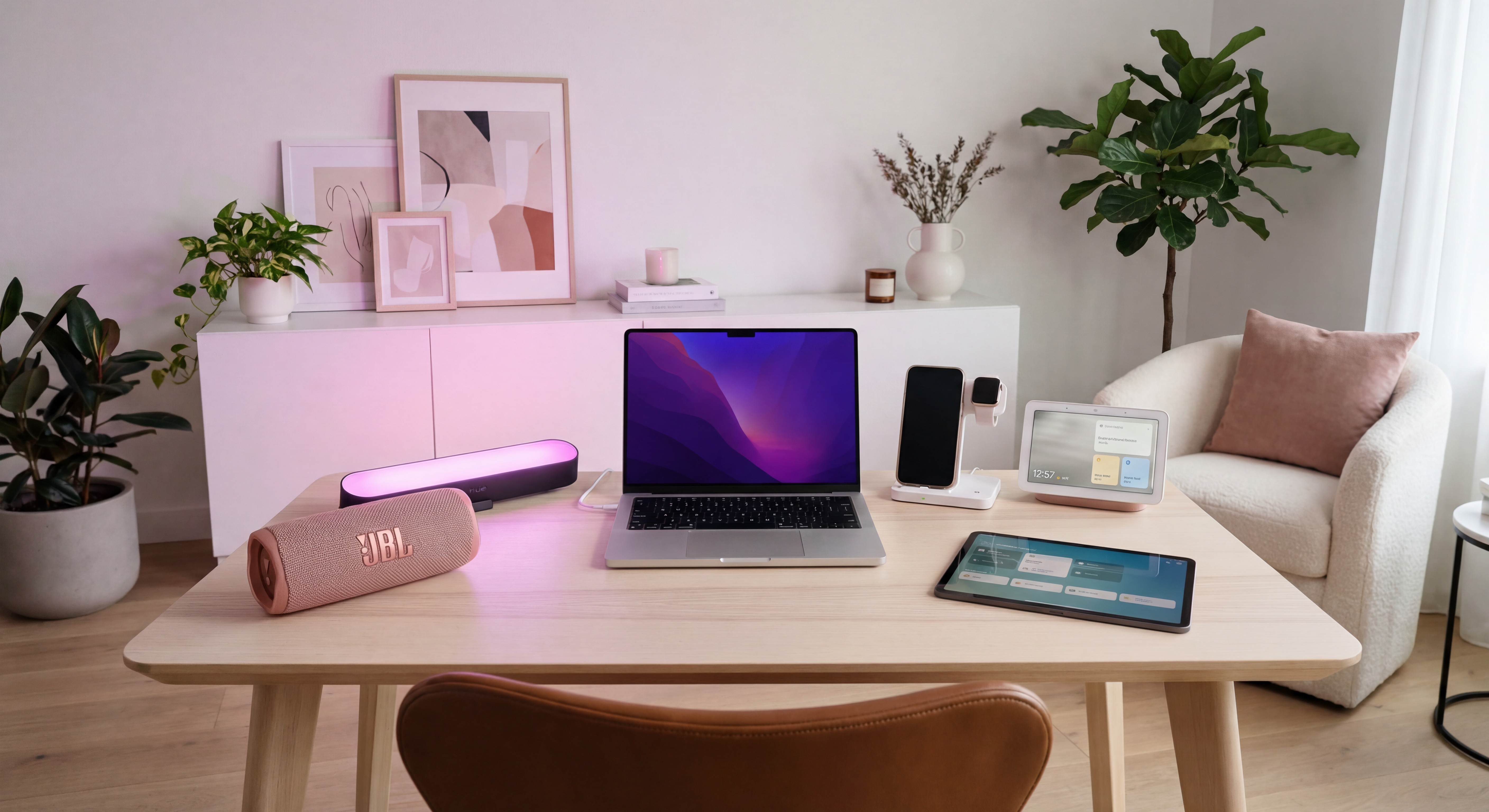 Setup technologique féminin moderne avec enceinte JBL, éclairage Philips Hue et accessoires connectés dans un intérieur contemporain