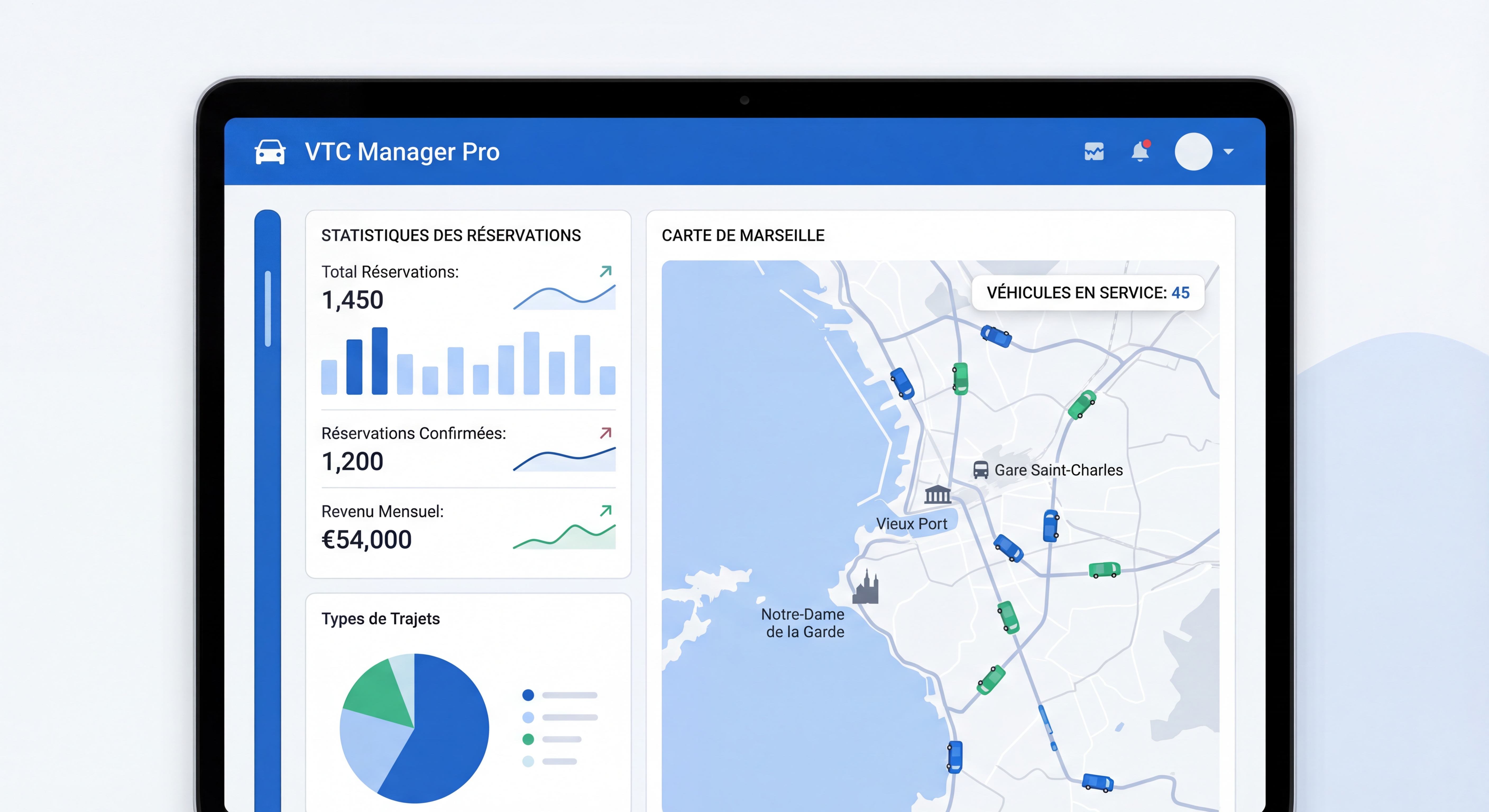 Dashboard moderne de gestion VTC avec statistiques de réservations et carte de Marseille