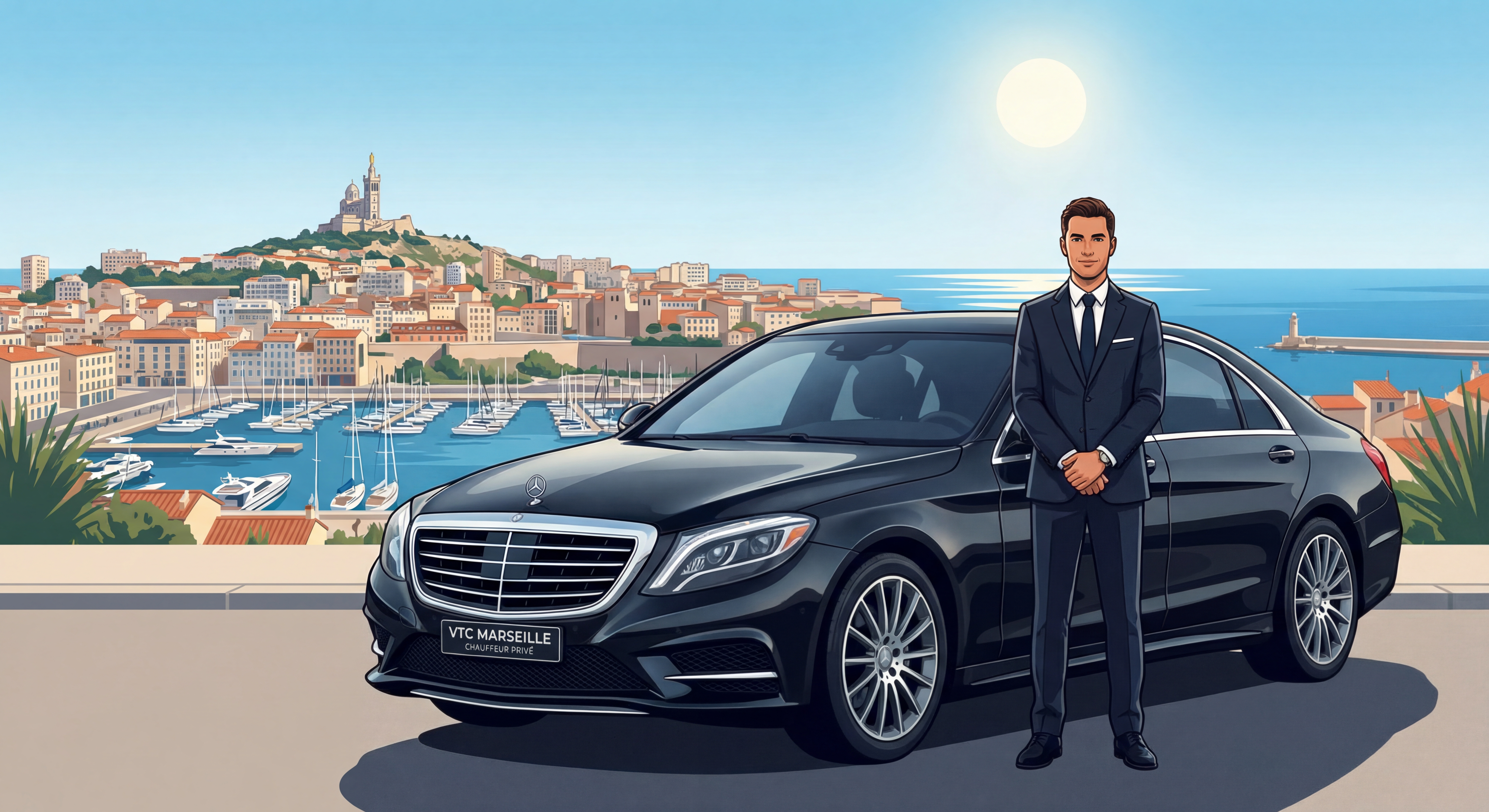 Chauffeur VTC professionnel devant véhicule haut de gamme à Marseille avec vue sur le Vieux-Port