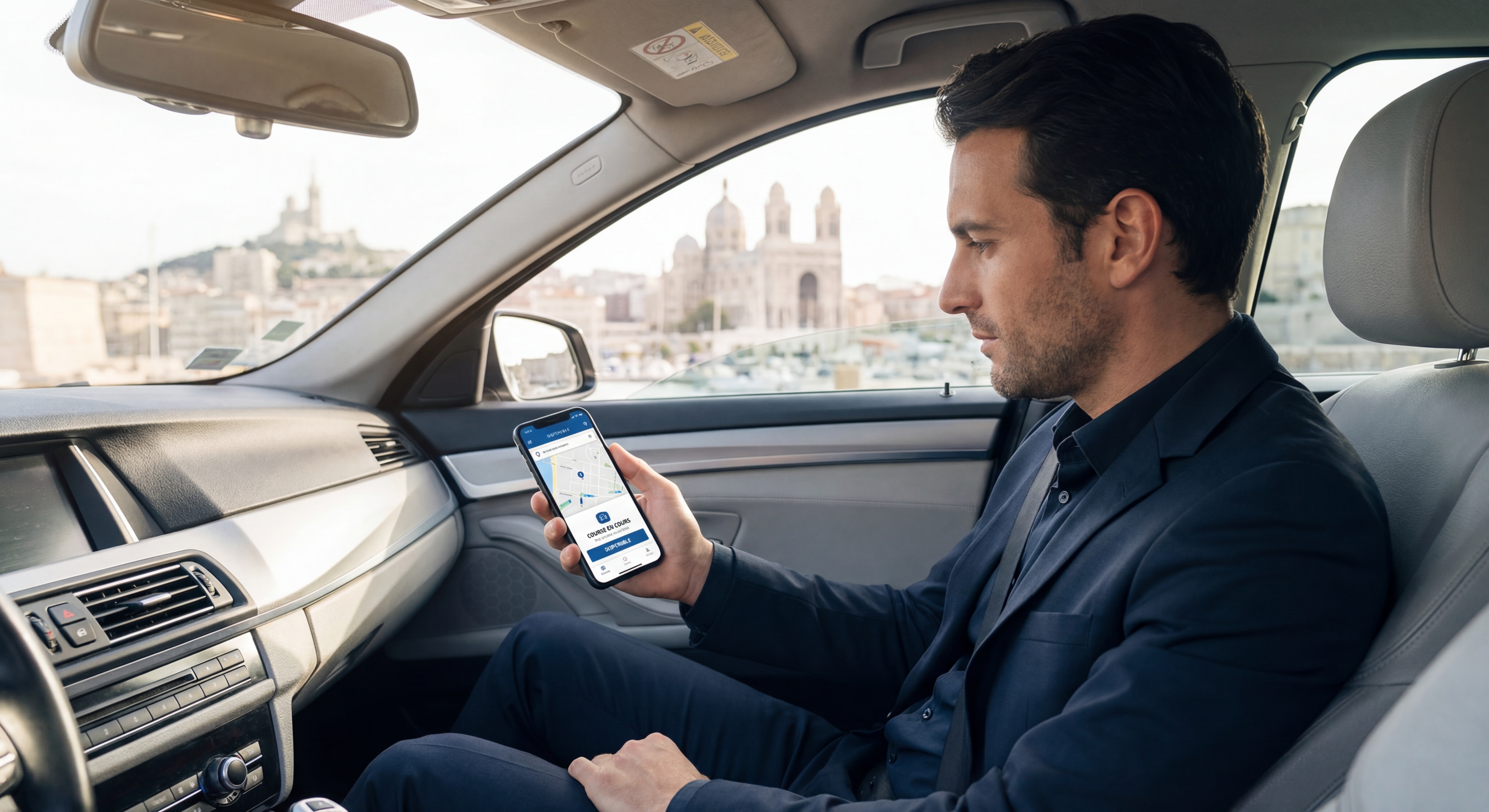 Chauffeur VTC utilisant une application mobile professionnelle dans son véhicule à Marseille