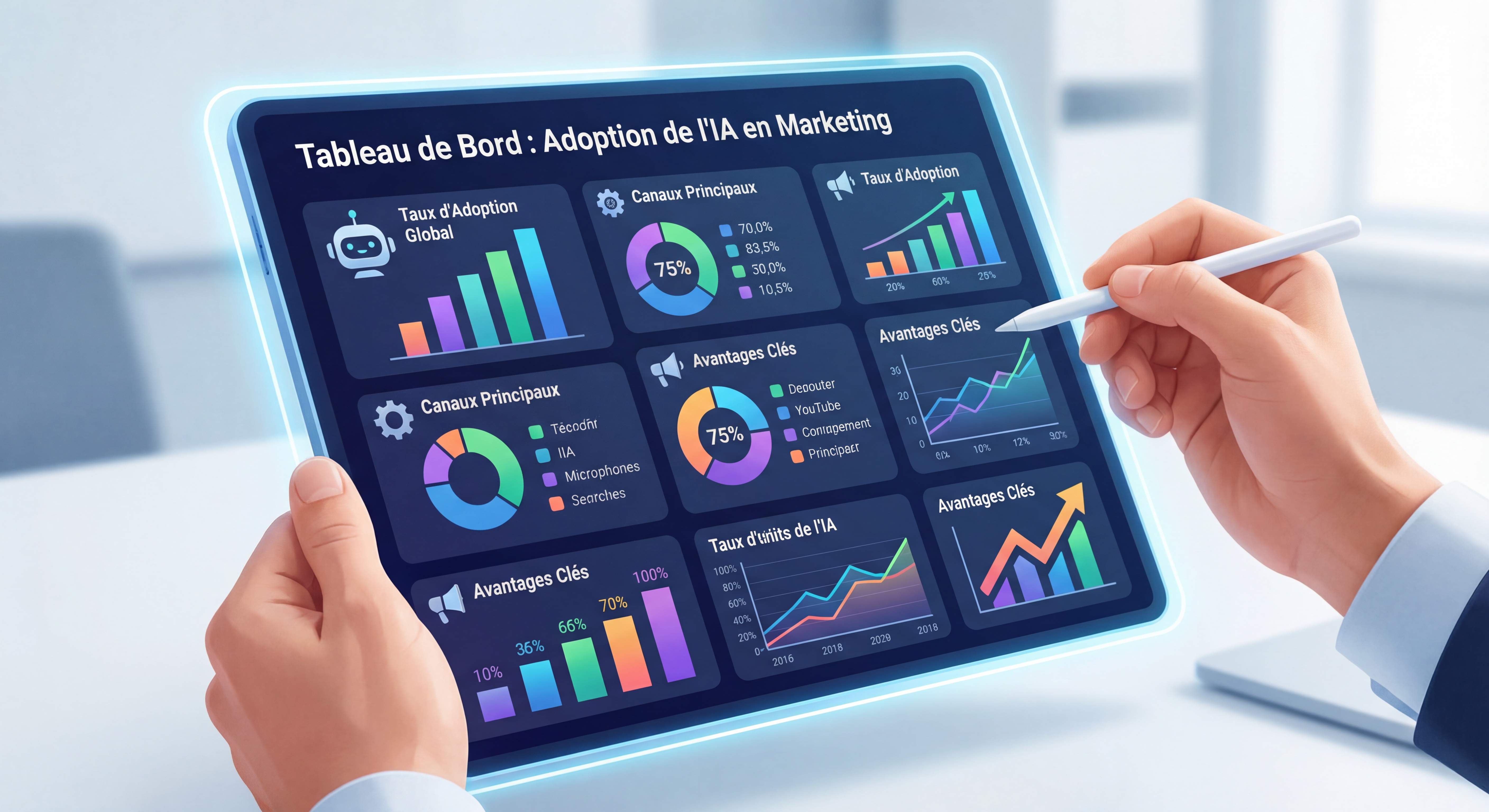 Tableau de bord digital montrant les statistiques d'adoption de l'IA en marketing avec des graphiques colorés et des icônes modernes
