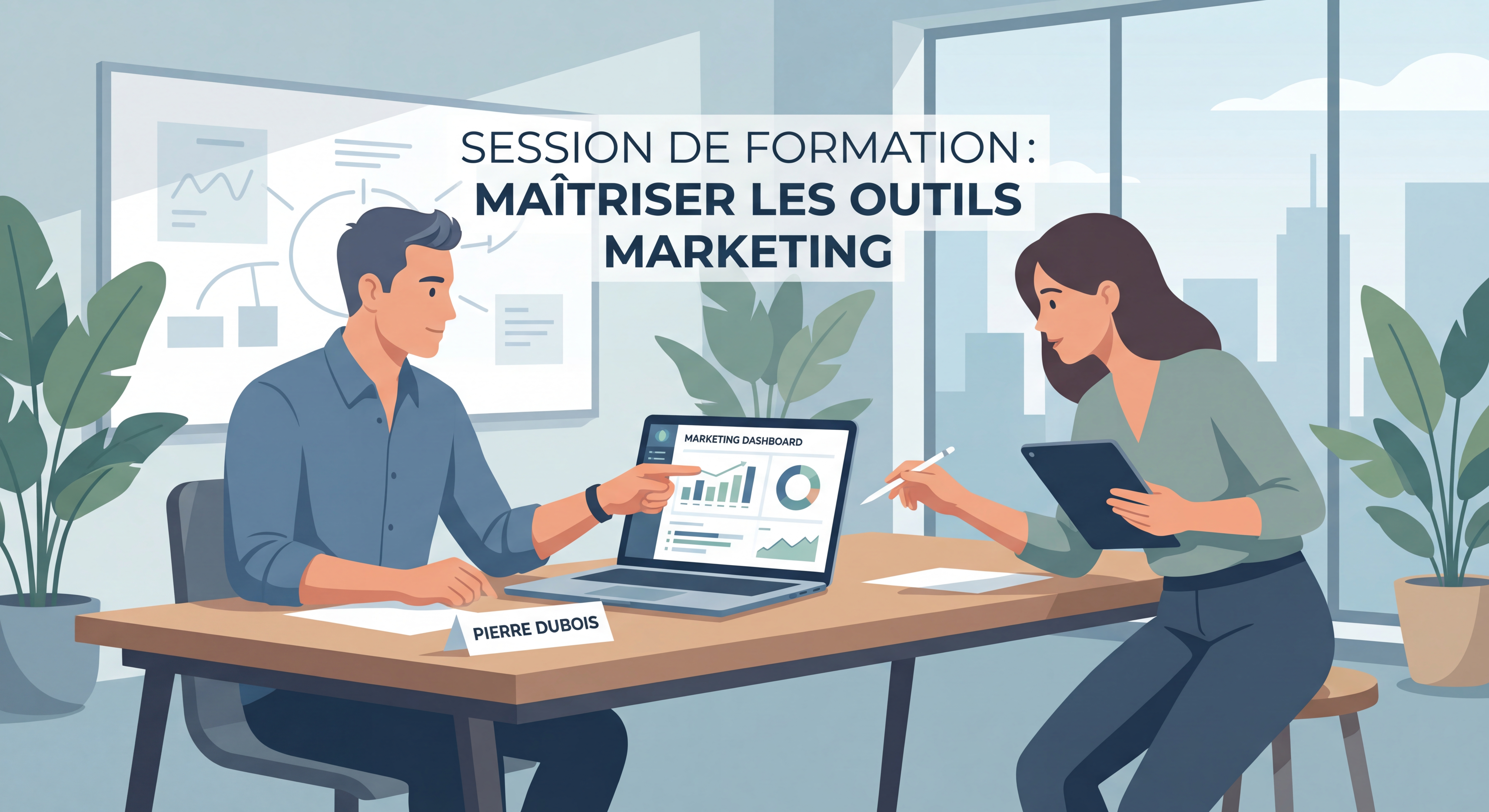 Session de formation showing Pierre Dubois apprenant à utiliser les outils marketing sur son ordinateur avec un consultant