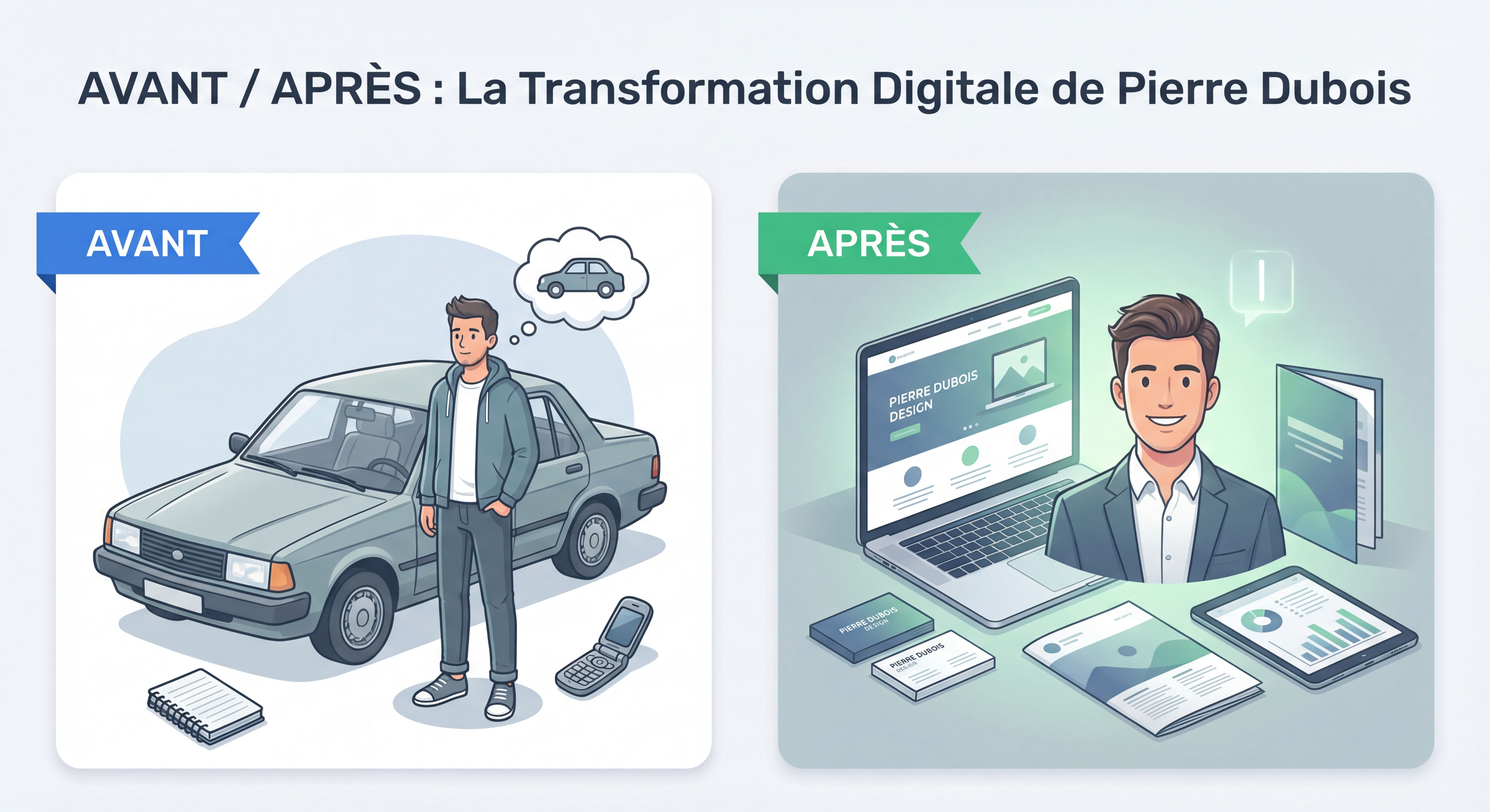 Avant/après showing Pierre Dubois avec sa voiture, puis avec son site web et supports marketing professionnels