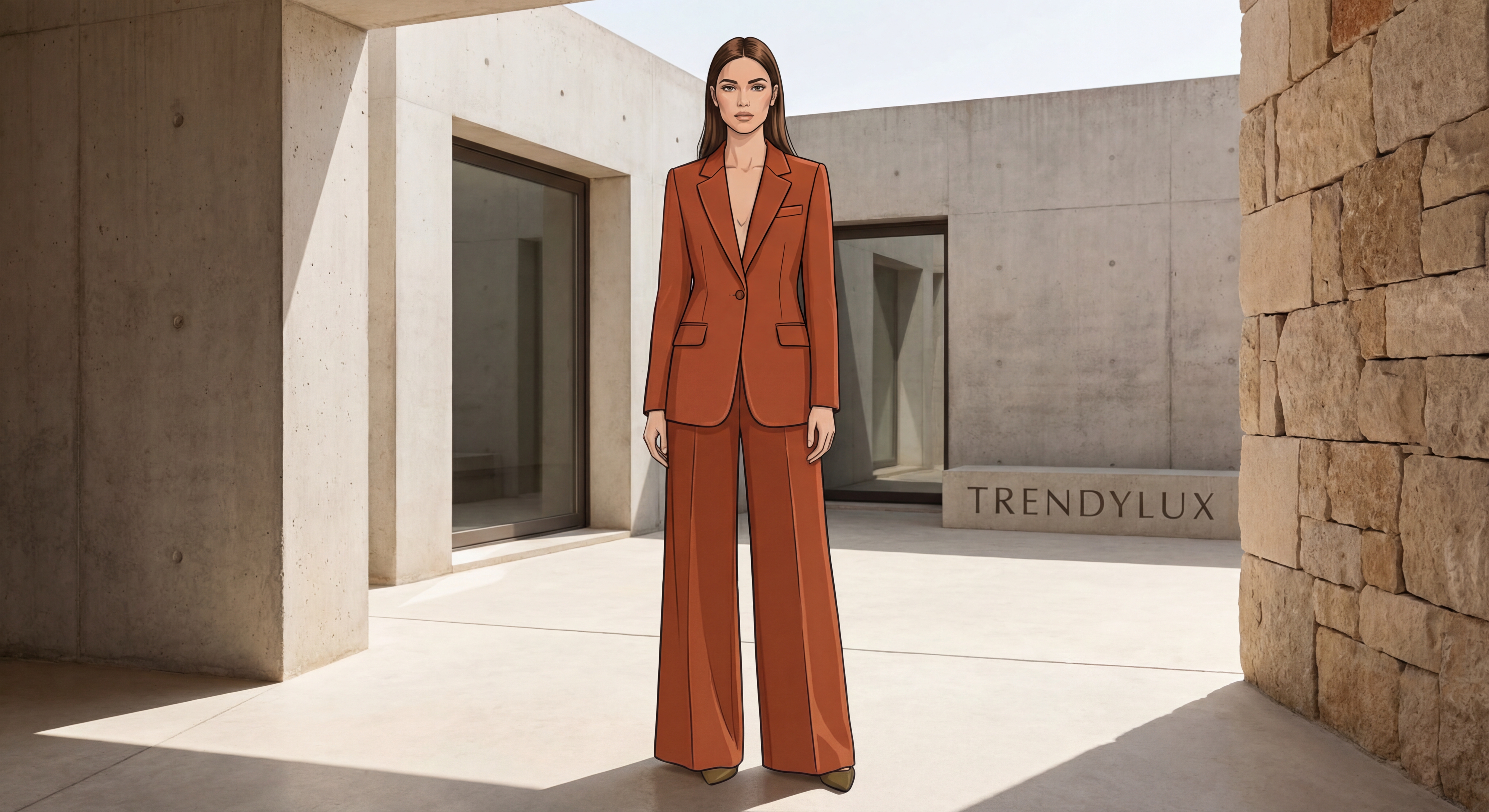 Femme portant un ensemble TrendyLux avec blazer structuré et pantalon palazzo, couleurs terre, style minimaliste italien
