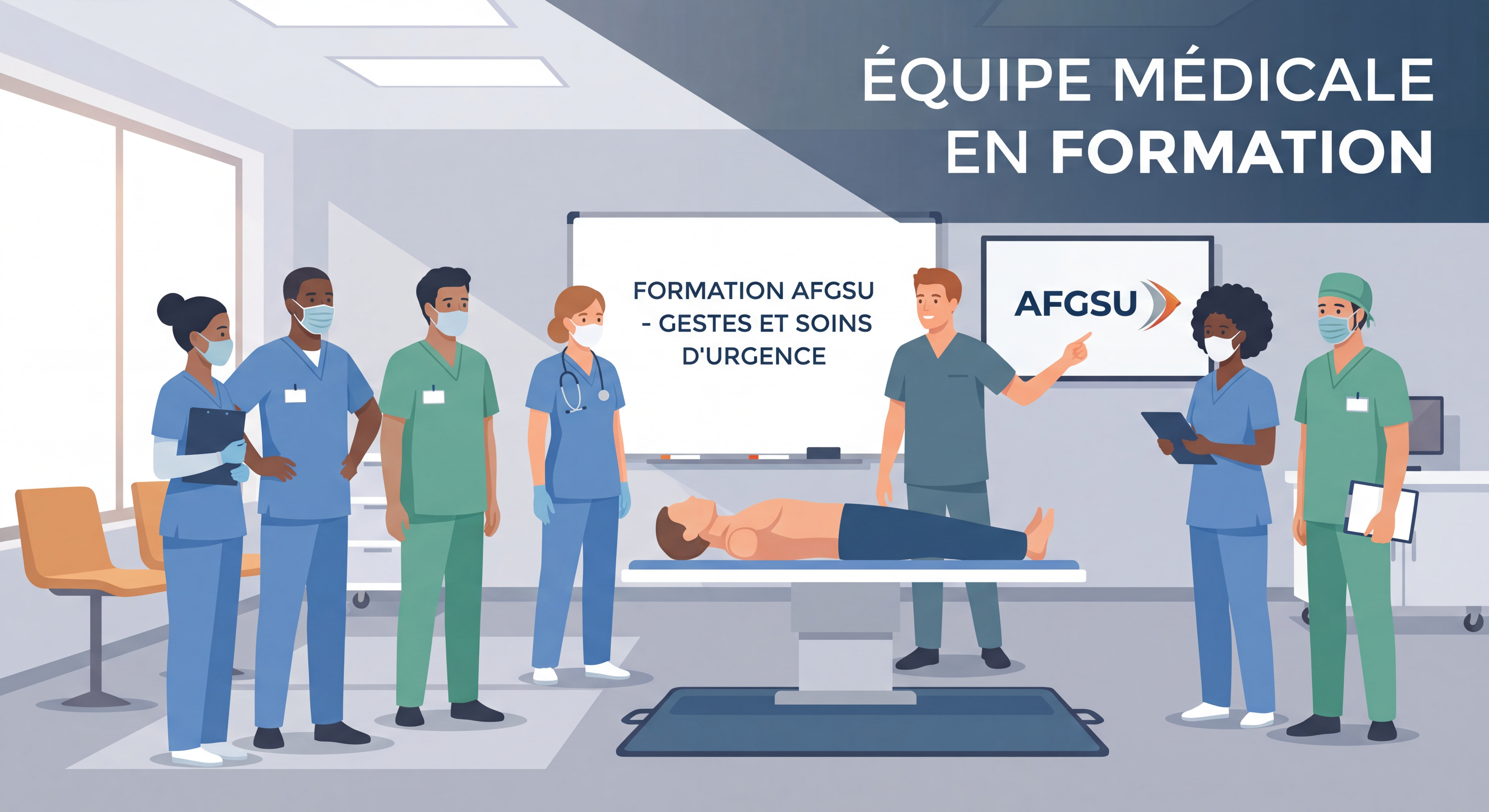 Équipe médicale en formation AFGSU dans les locaux d'un établissement de santé