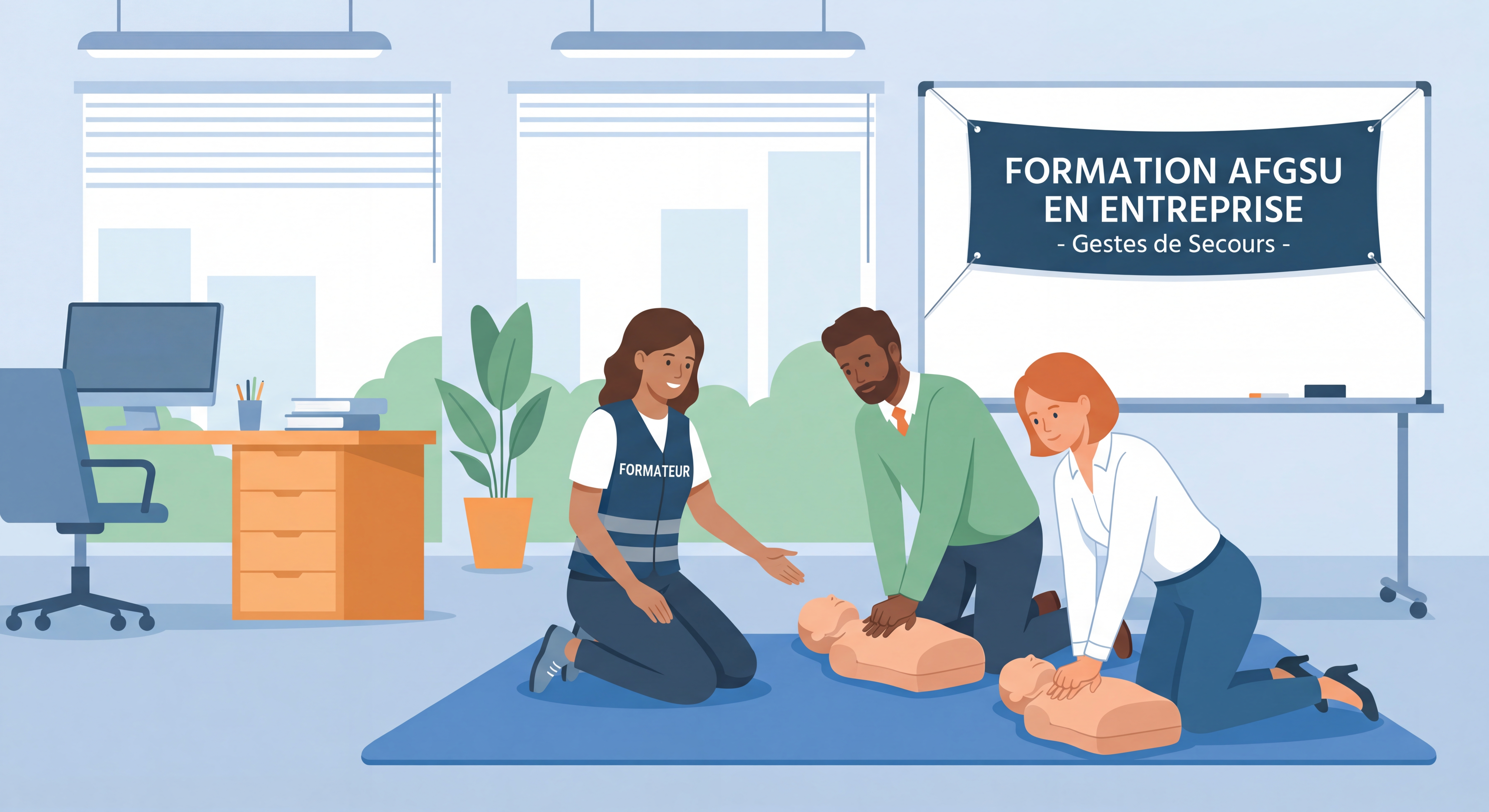 Formation AFGSU en entreprise avec formateur et apprenants pratiquant les gestes de secours