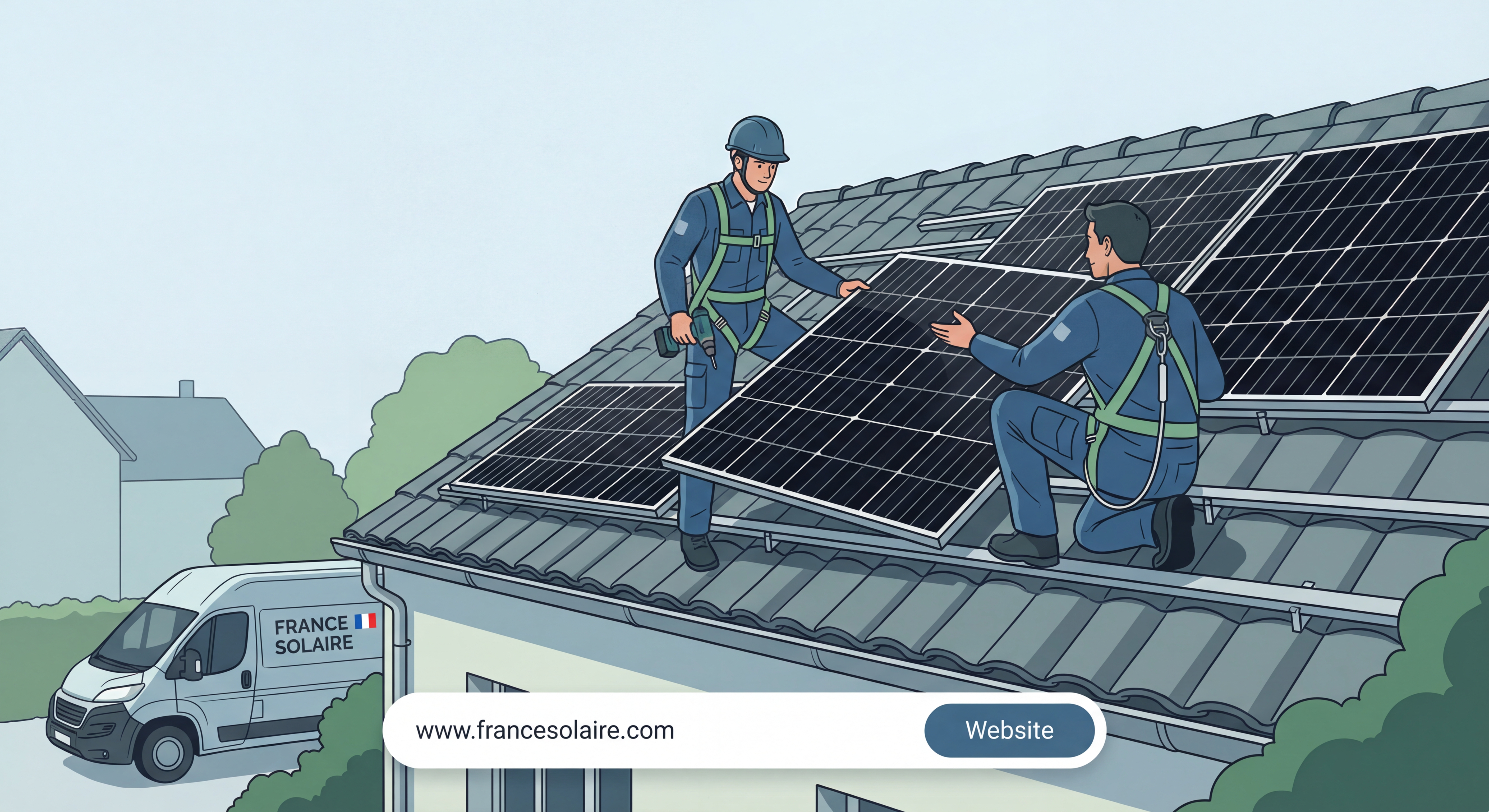 Installation de panneaux solaires par des techniciens français sur une toiture rénovée