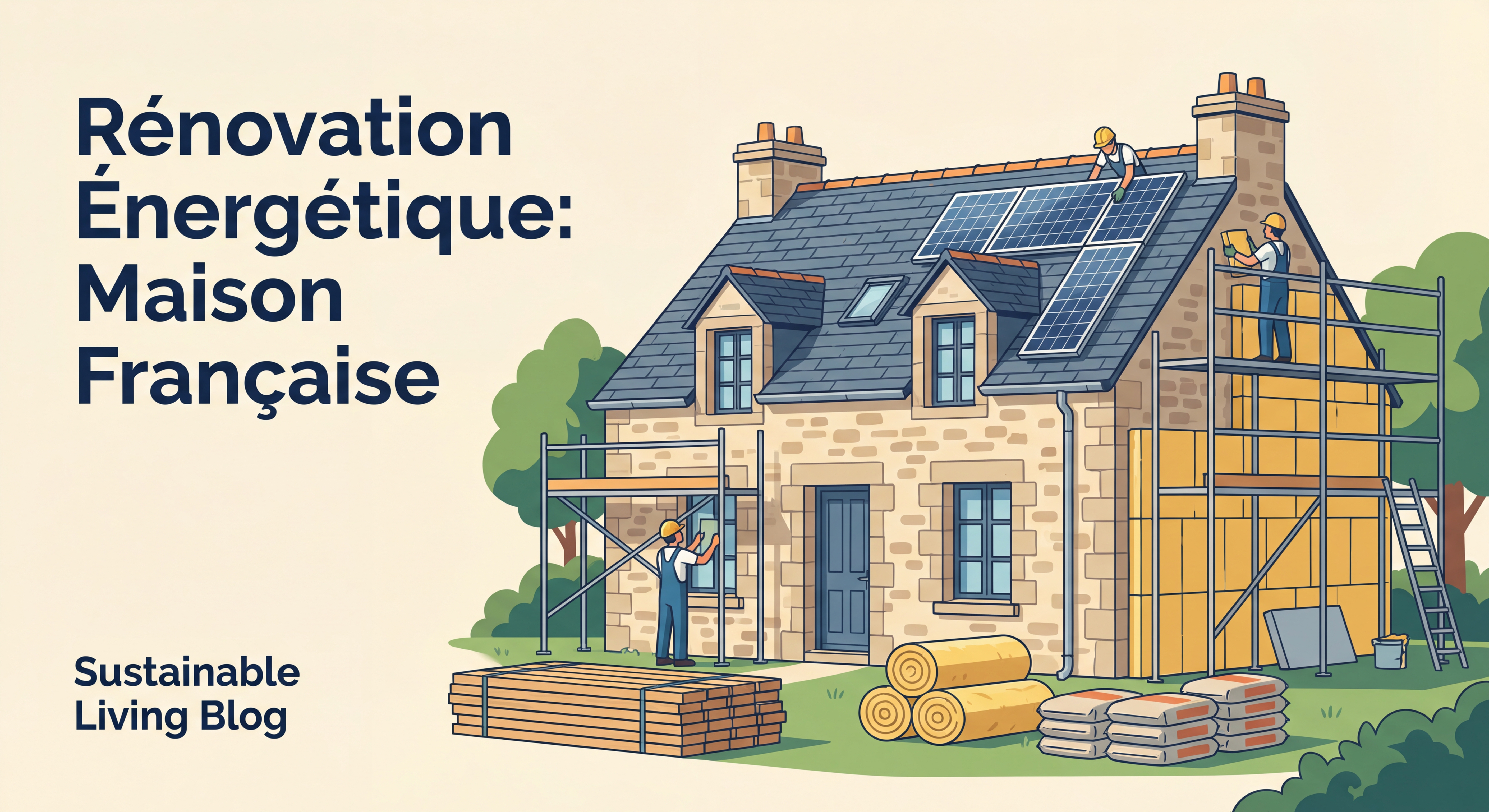 Maison française en cours de rénovation énergétique avec échafaudage et matériaux