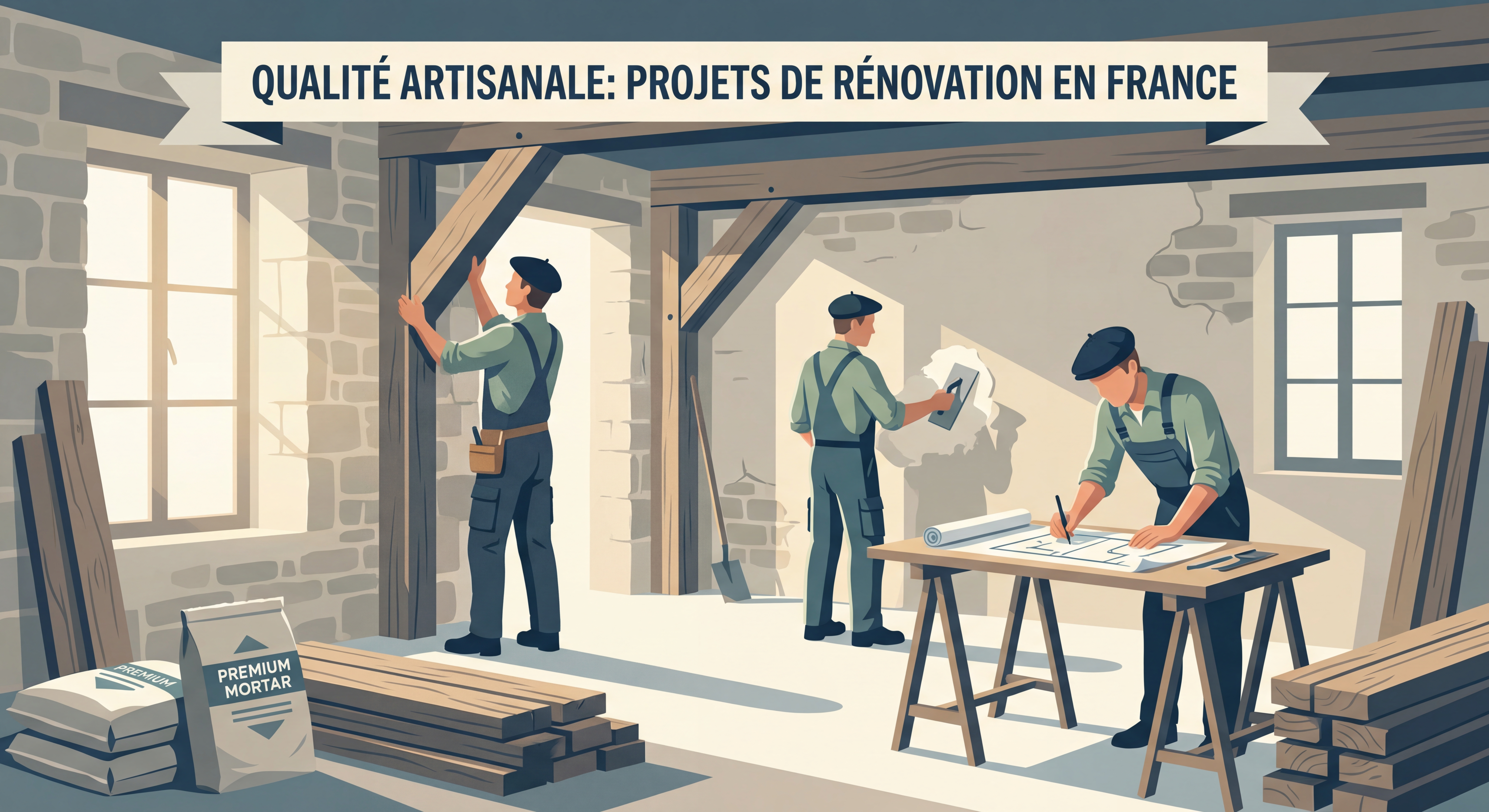 Artisans français travaillant sur un chantier de rénovation avec des matériaux de qualité