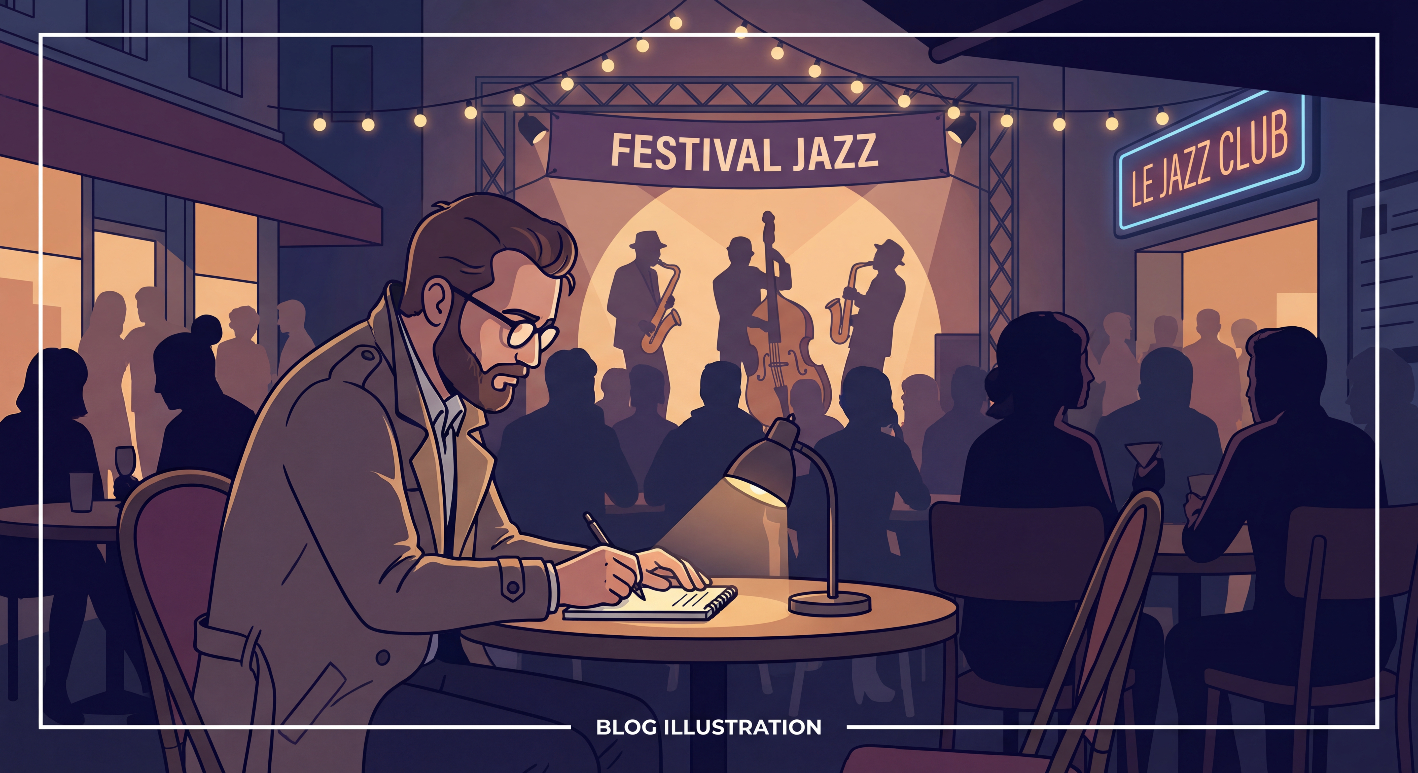 Francis Marmande lors d'un festival de jazz, prenant des notes pendant un concert, ambiance nocturne avec musiciens en arrière-plan