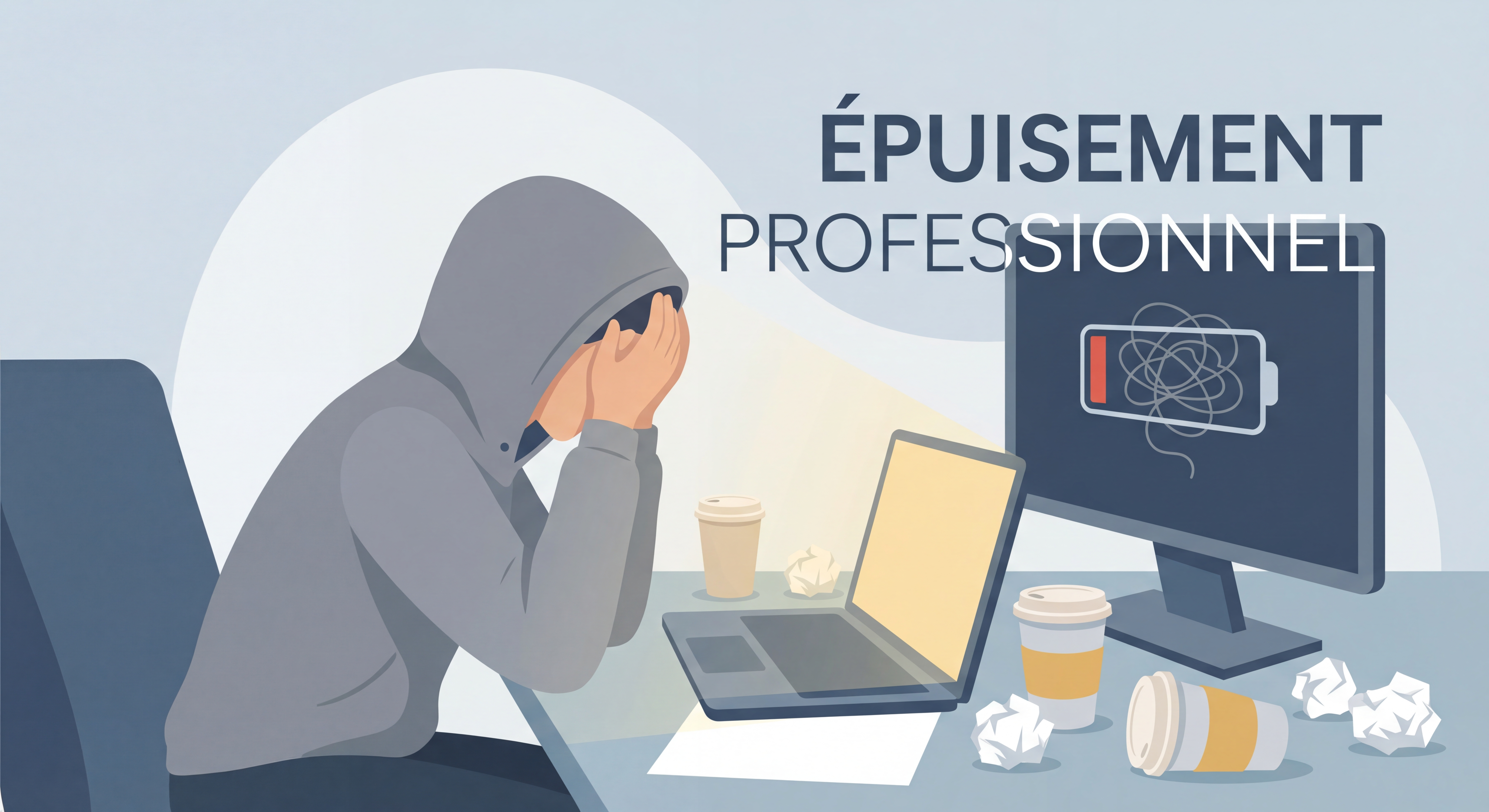 Personne épuisée devant un ordinateur illustrant l'épuisement professionnel