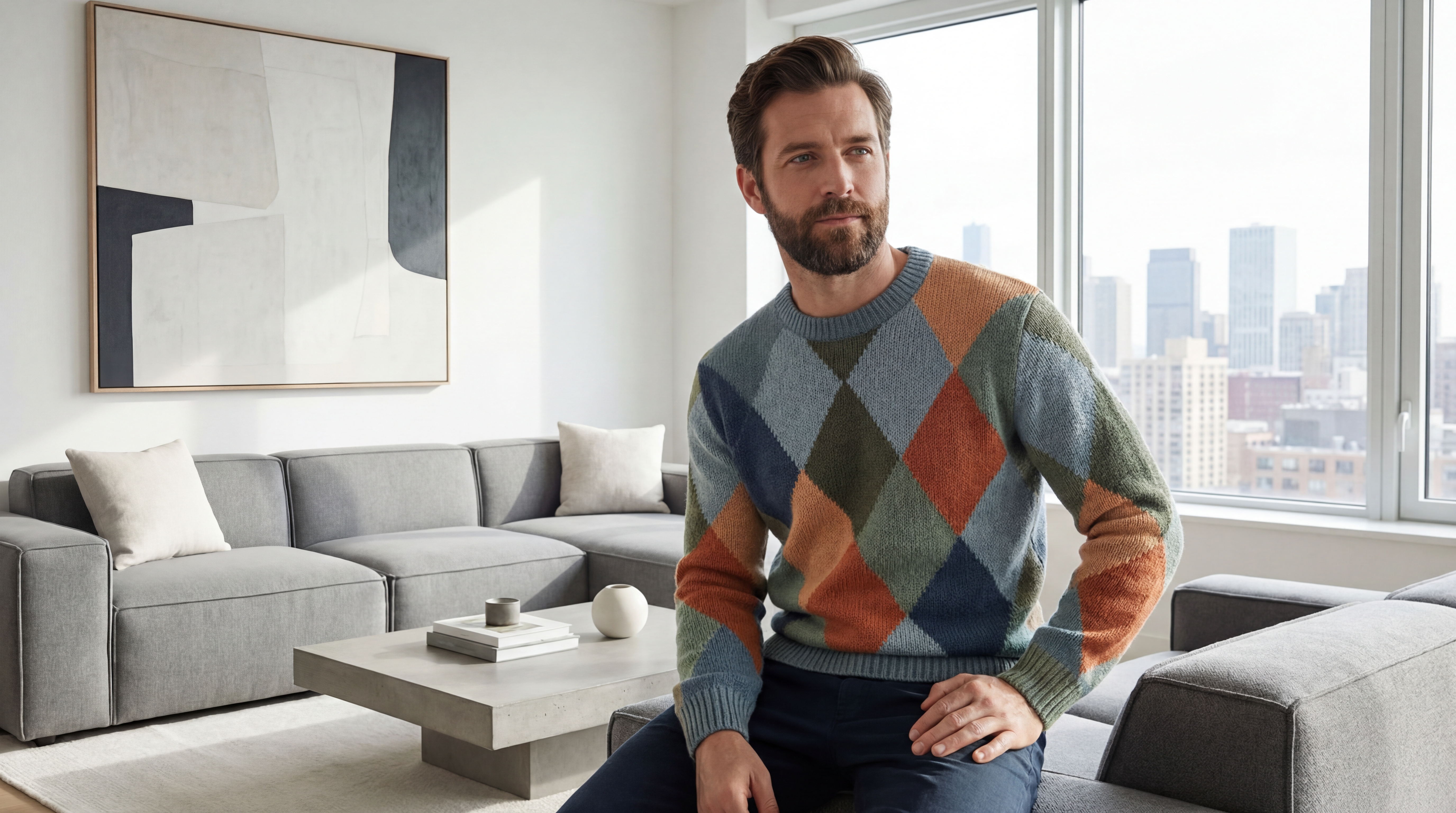 Pull homme avec motifs géométriques losanges dans un intérieur moderne