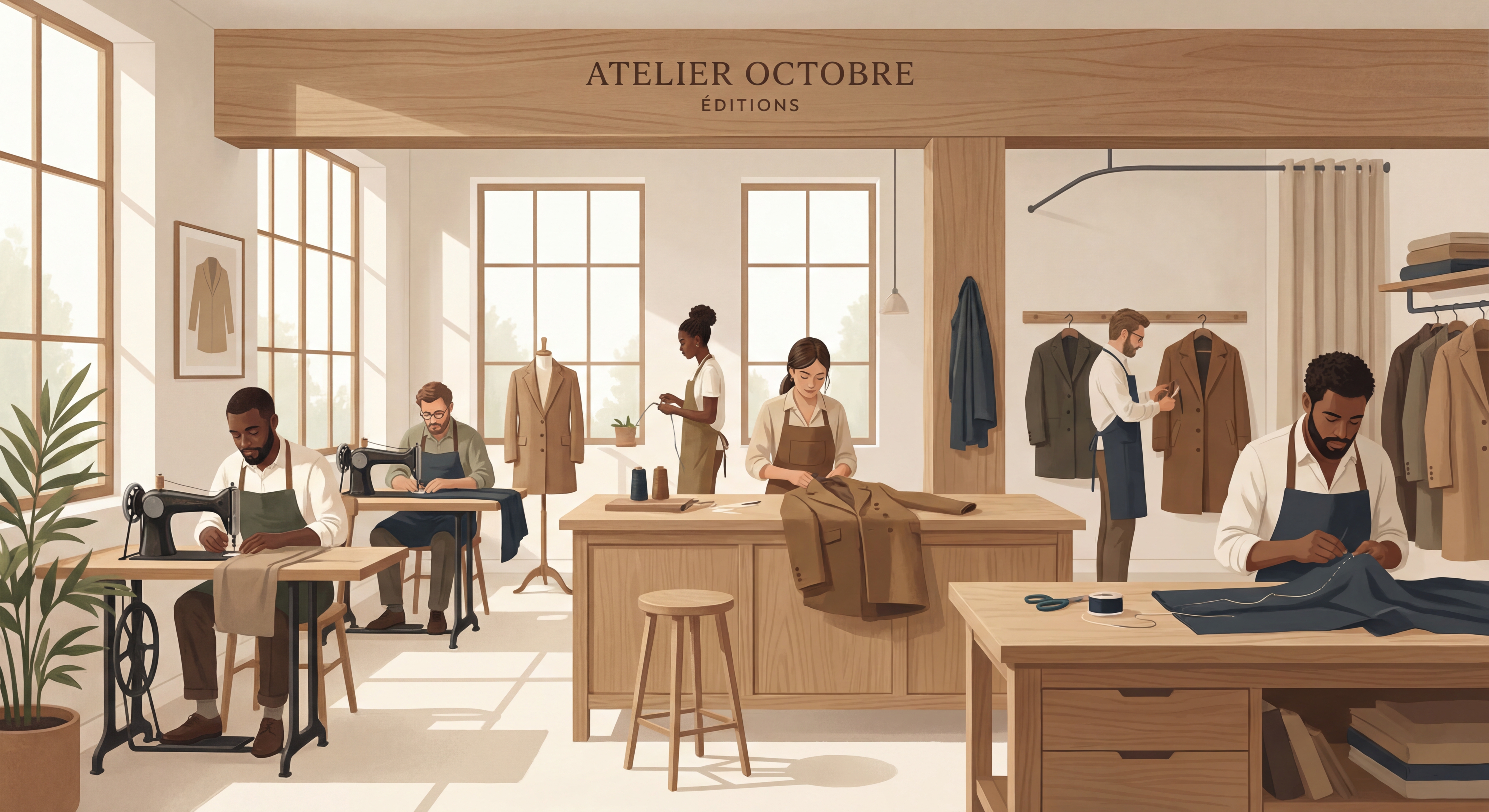 Atelier Octobre Éditions avec artisans travaillant sur des manteaux