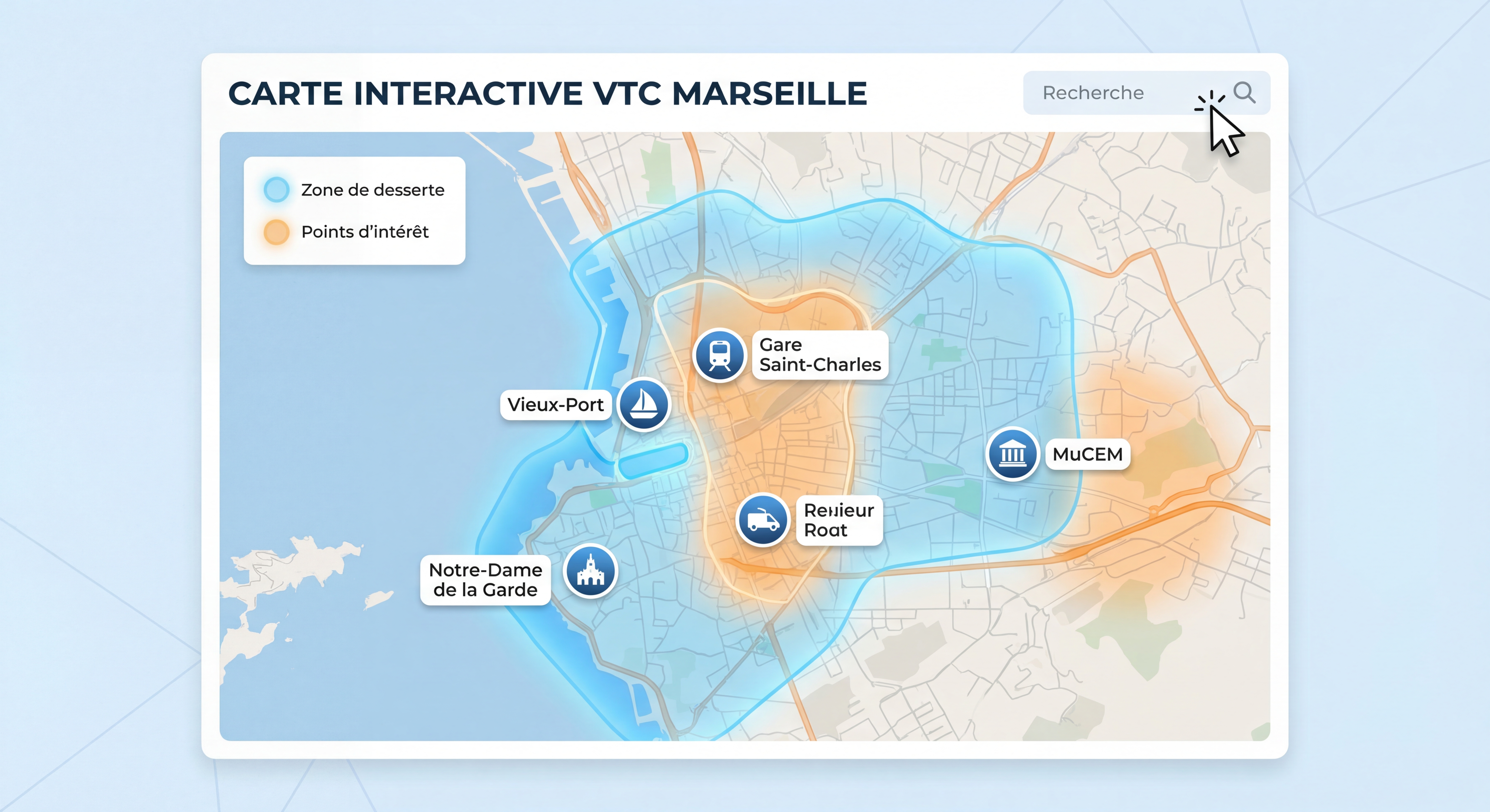 Interactive map of ride-hailing service areas in Marseille with marked points of interest
