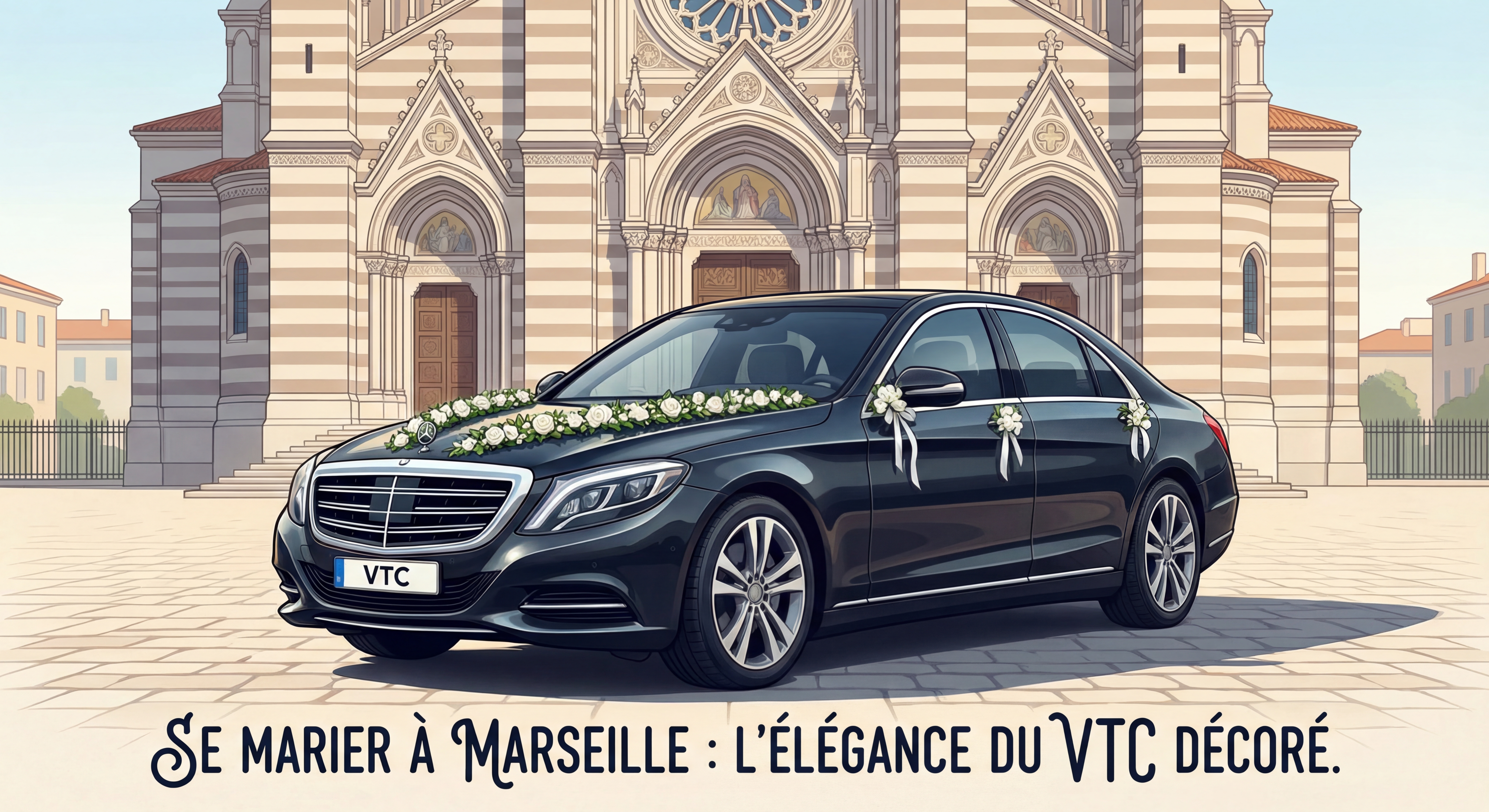 A private hire vehicle decorated for a wedding in front of a Marseille church