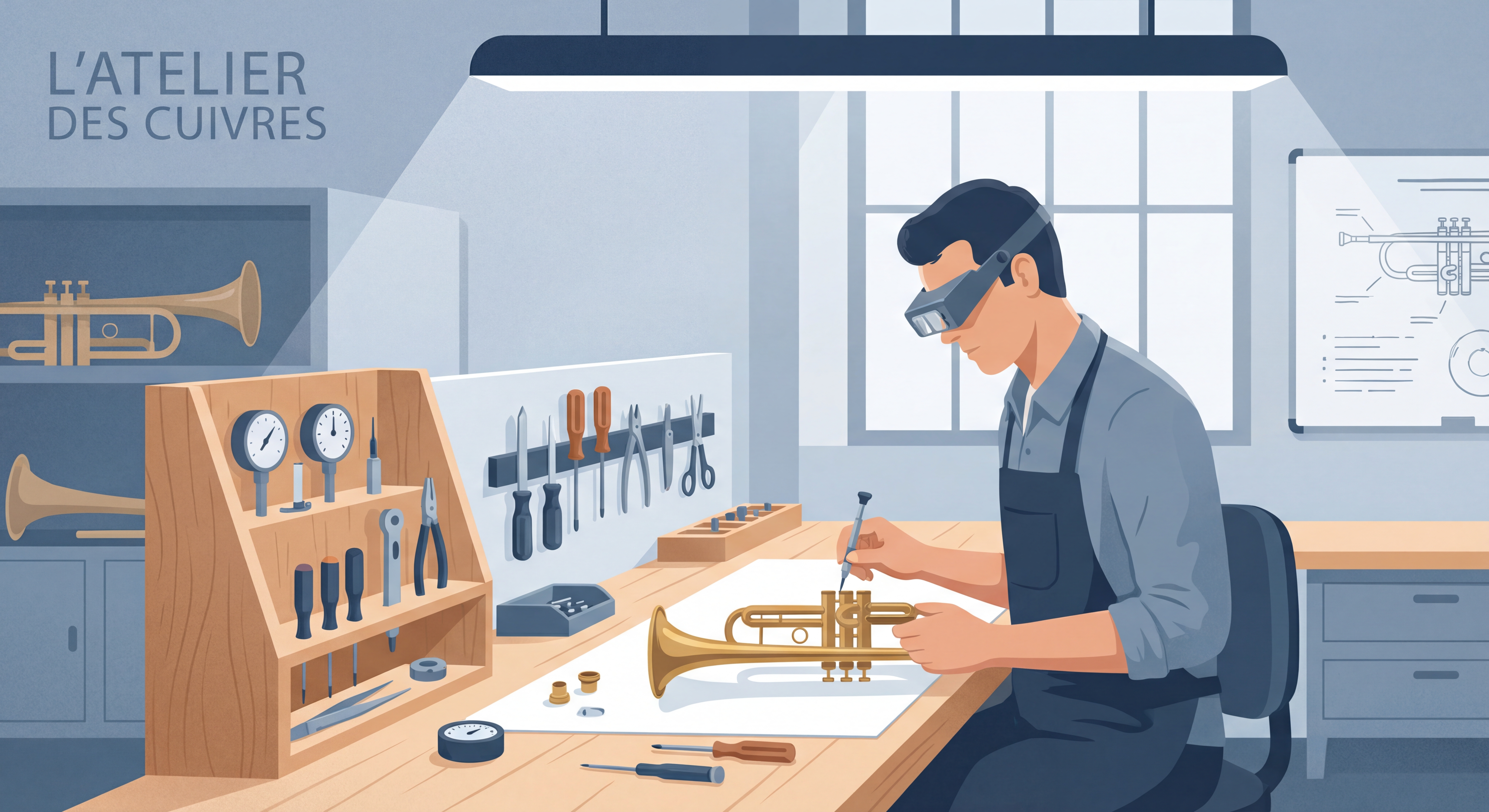 Technicien spécialisé réparant une trompette dans un atelier professionnel avec outils de précision