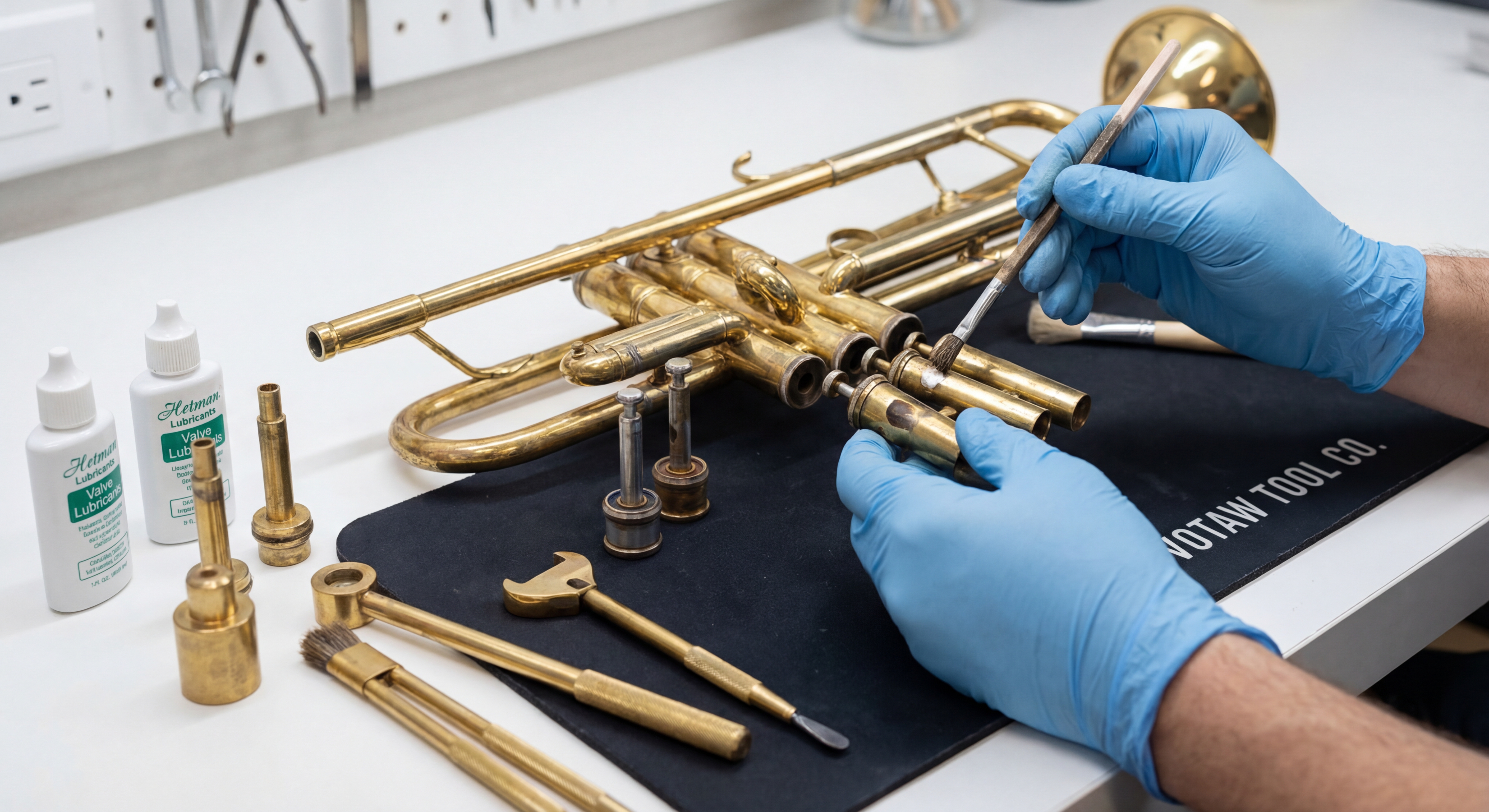 Pistons de trompette en cours de réparation
