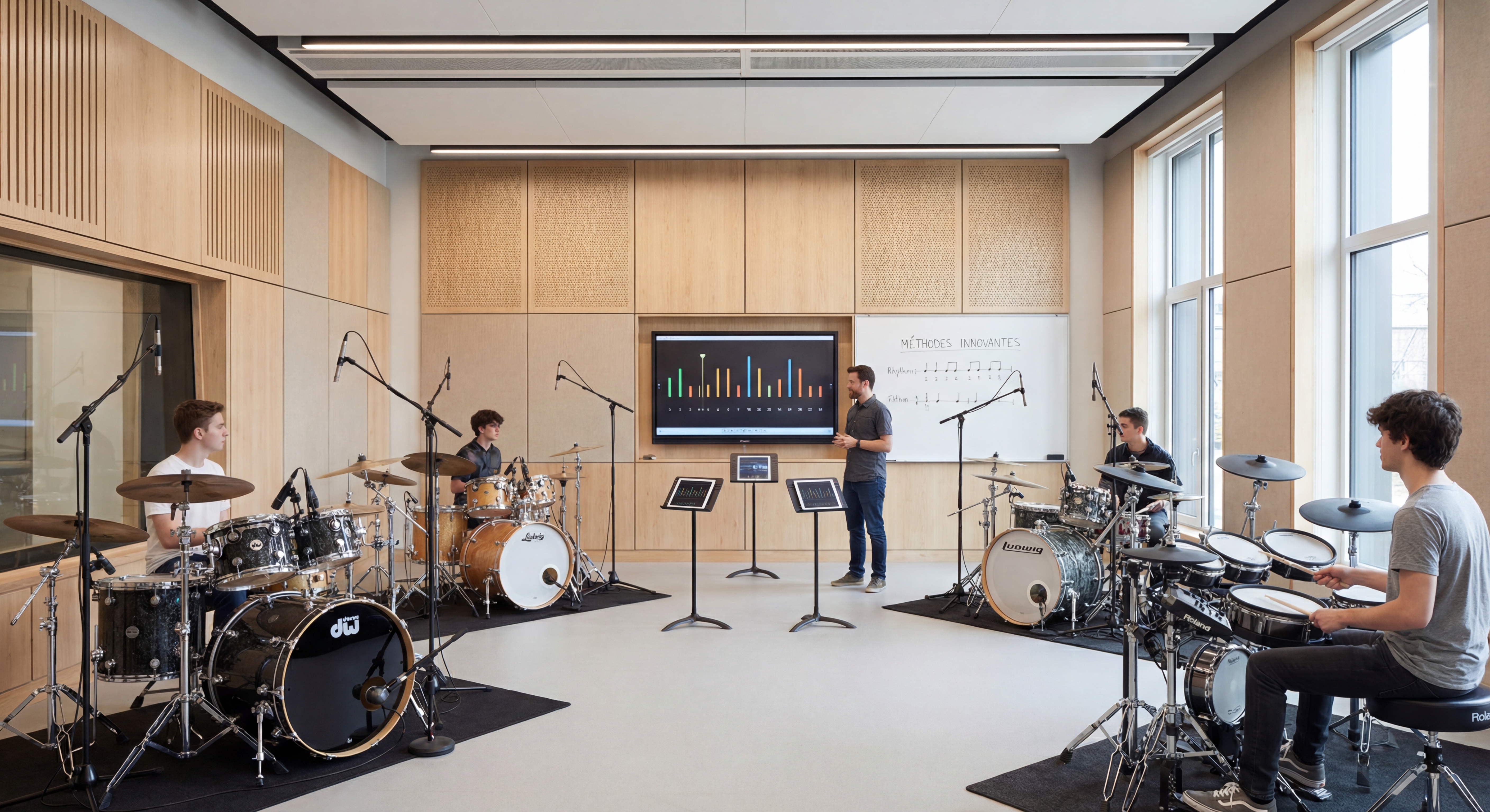 Salle de cours de batterie moderne dans une école de musique. Objectif une carrière de musicien professionnel avec équipements et méthodes pédagogiques innovantes.