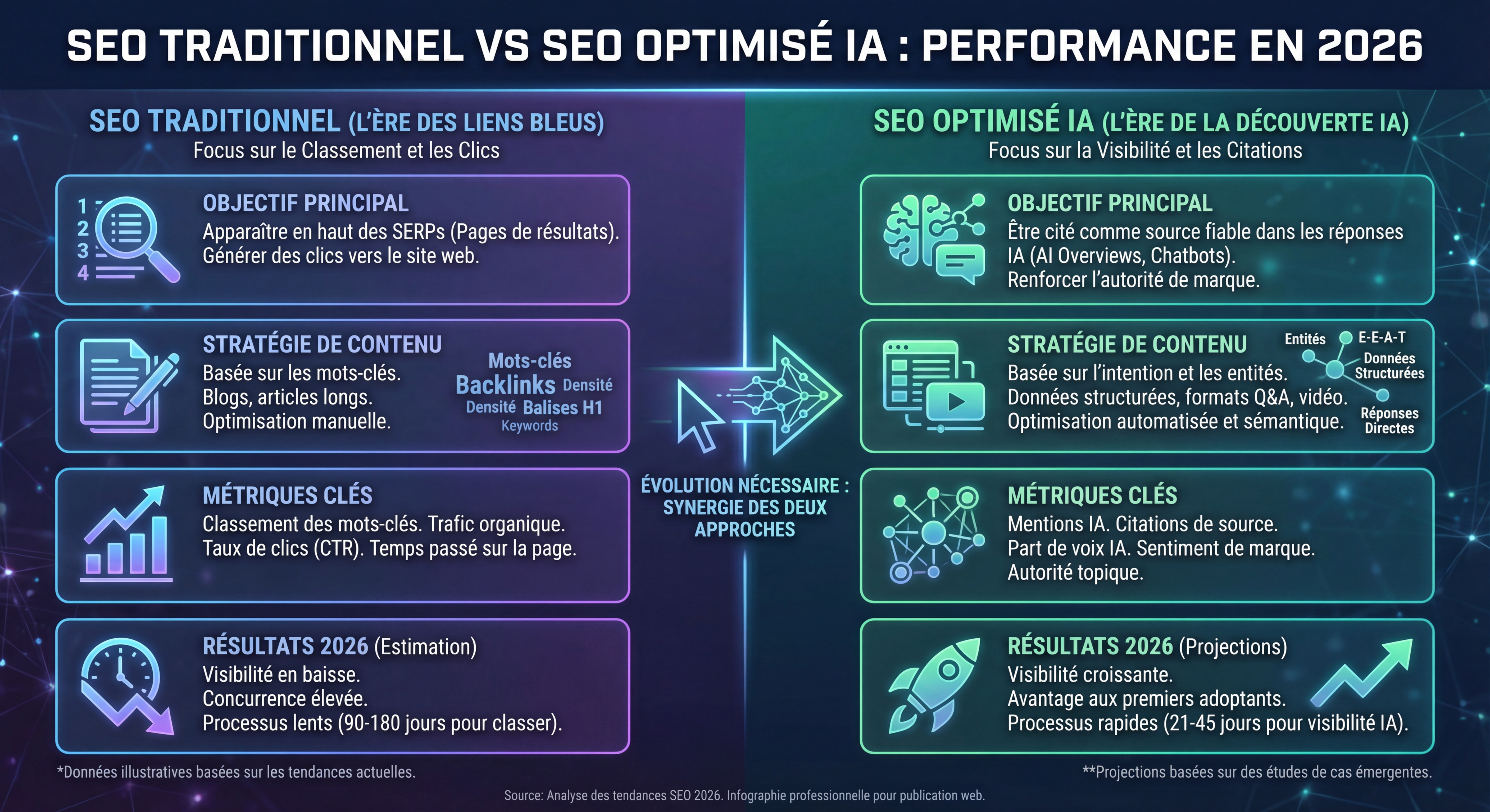 Infographie comparant les performances SEO traditionnel vs SEO optimisé IA en 2026