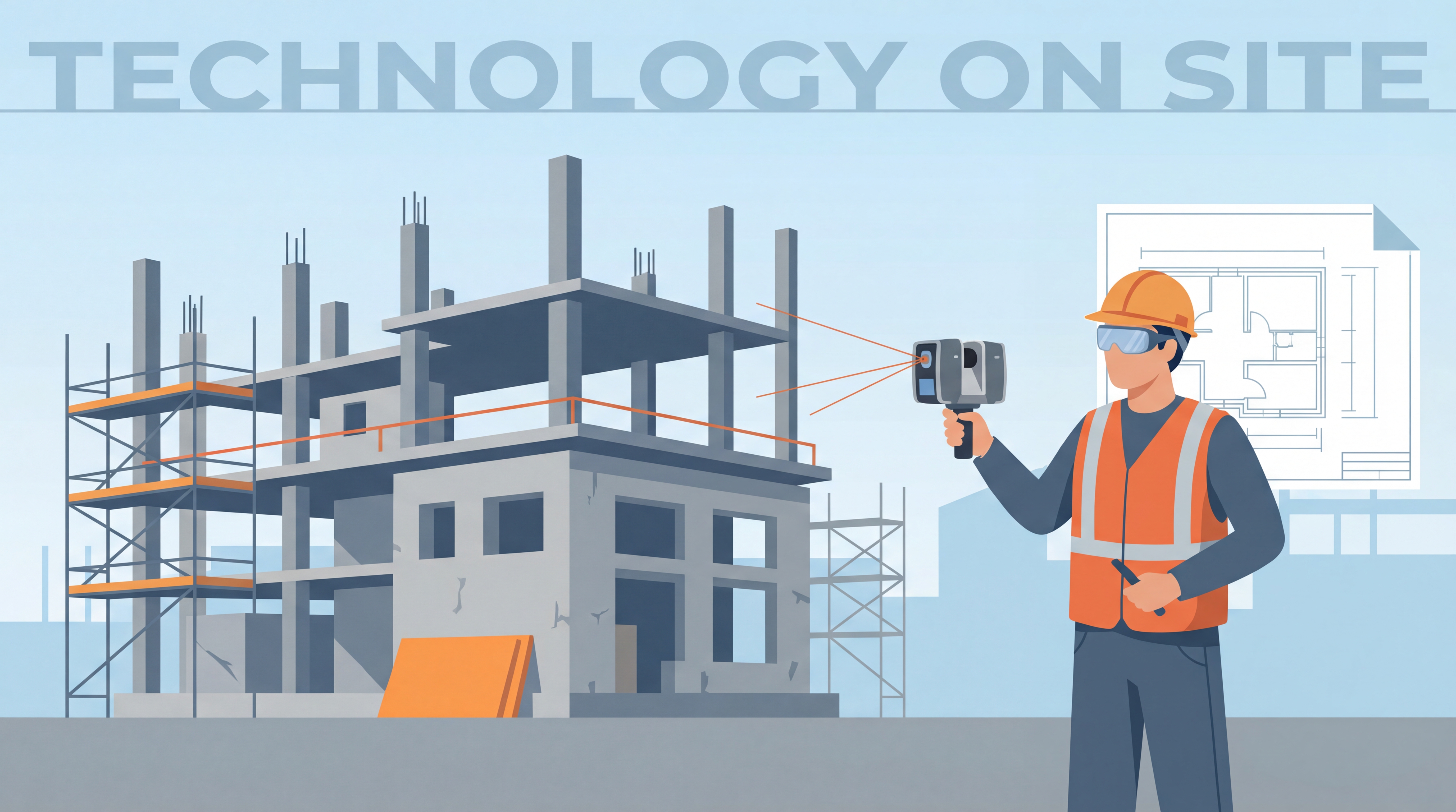 Technicien utilisant un scanner 3D laser sur un chantier de construction avec équipements de protection individuelle