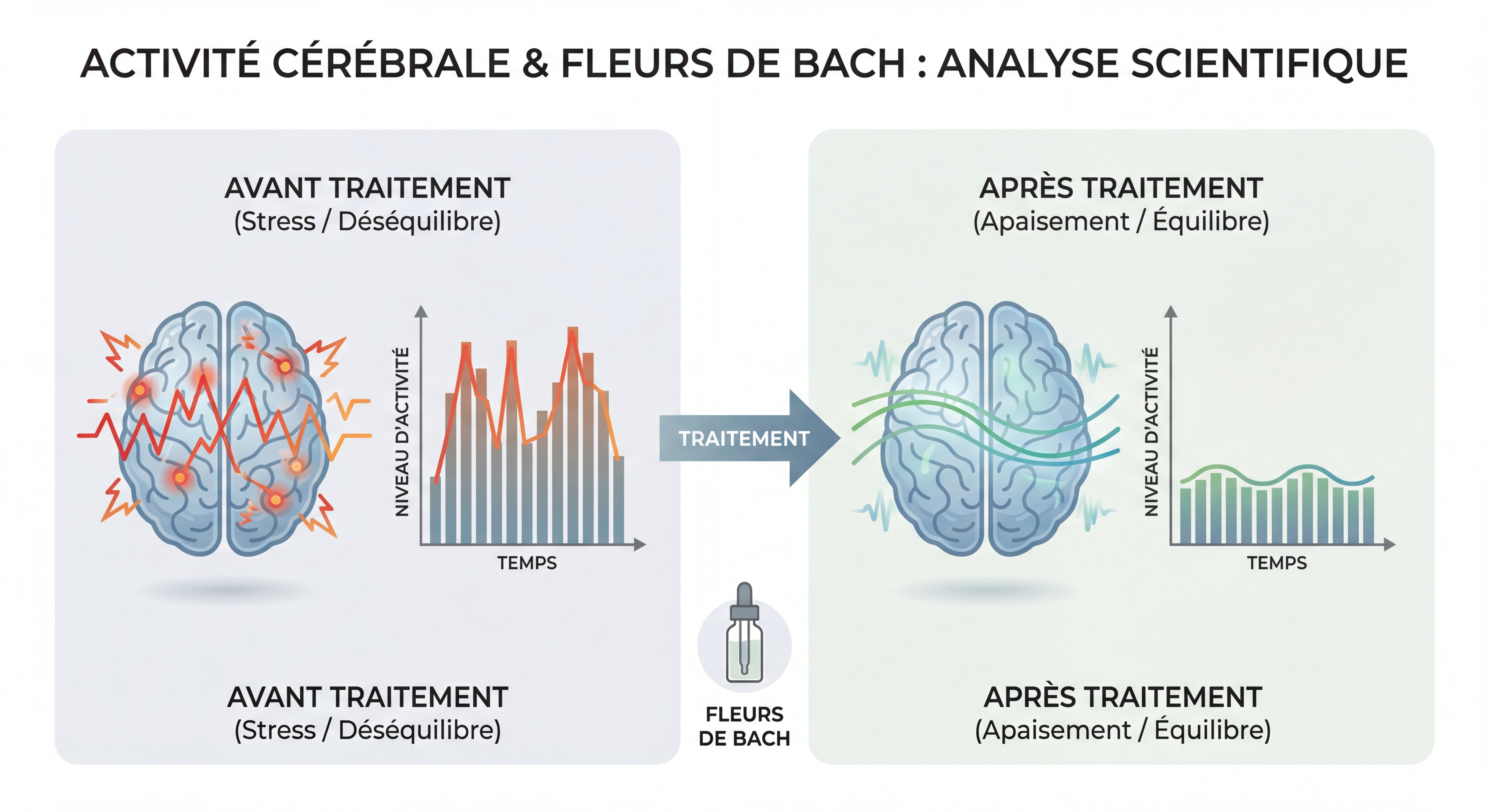Graphique scientifique montrant l'activité cérébrale avant et après traitement aux Fleurs de Bach