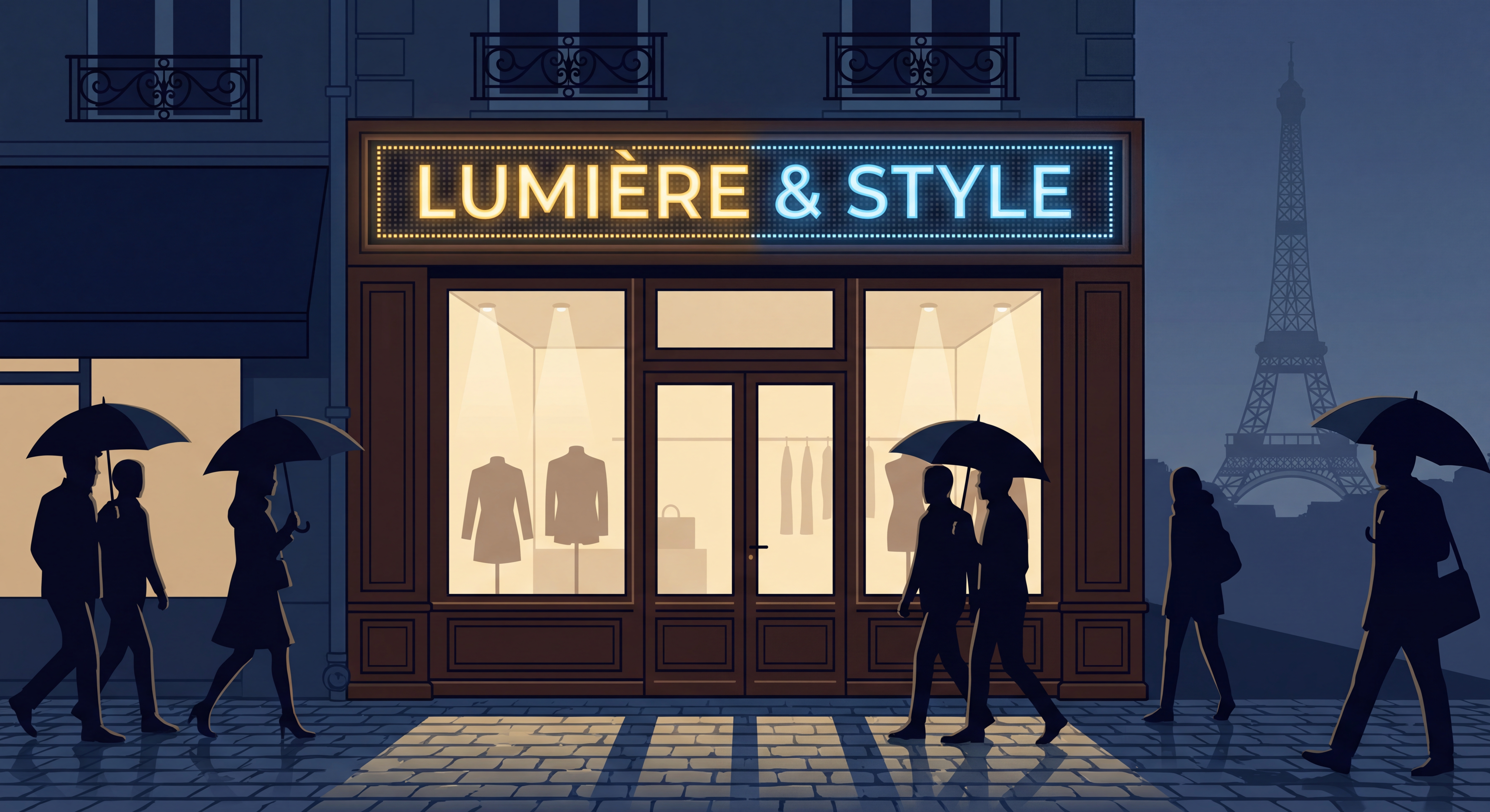 Enseigne LED moderne illuminant une façade de magasin parisien la nuit avec des passants