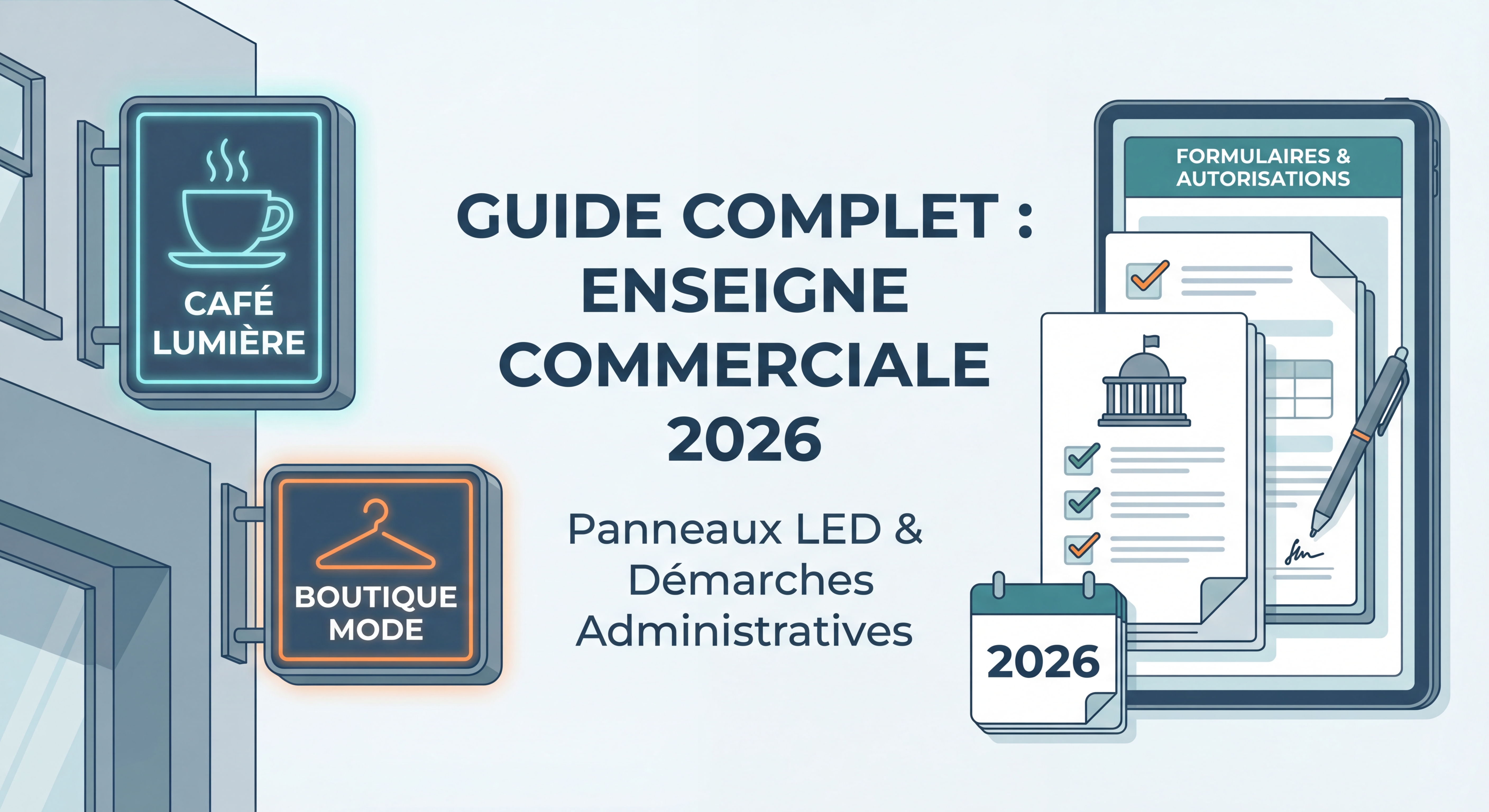 Guide complet enseigne commerciale avec exemples de panneaux LED et formulaires administratifs 2026