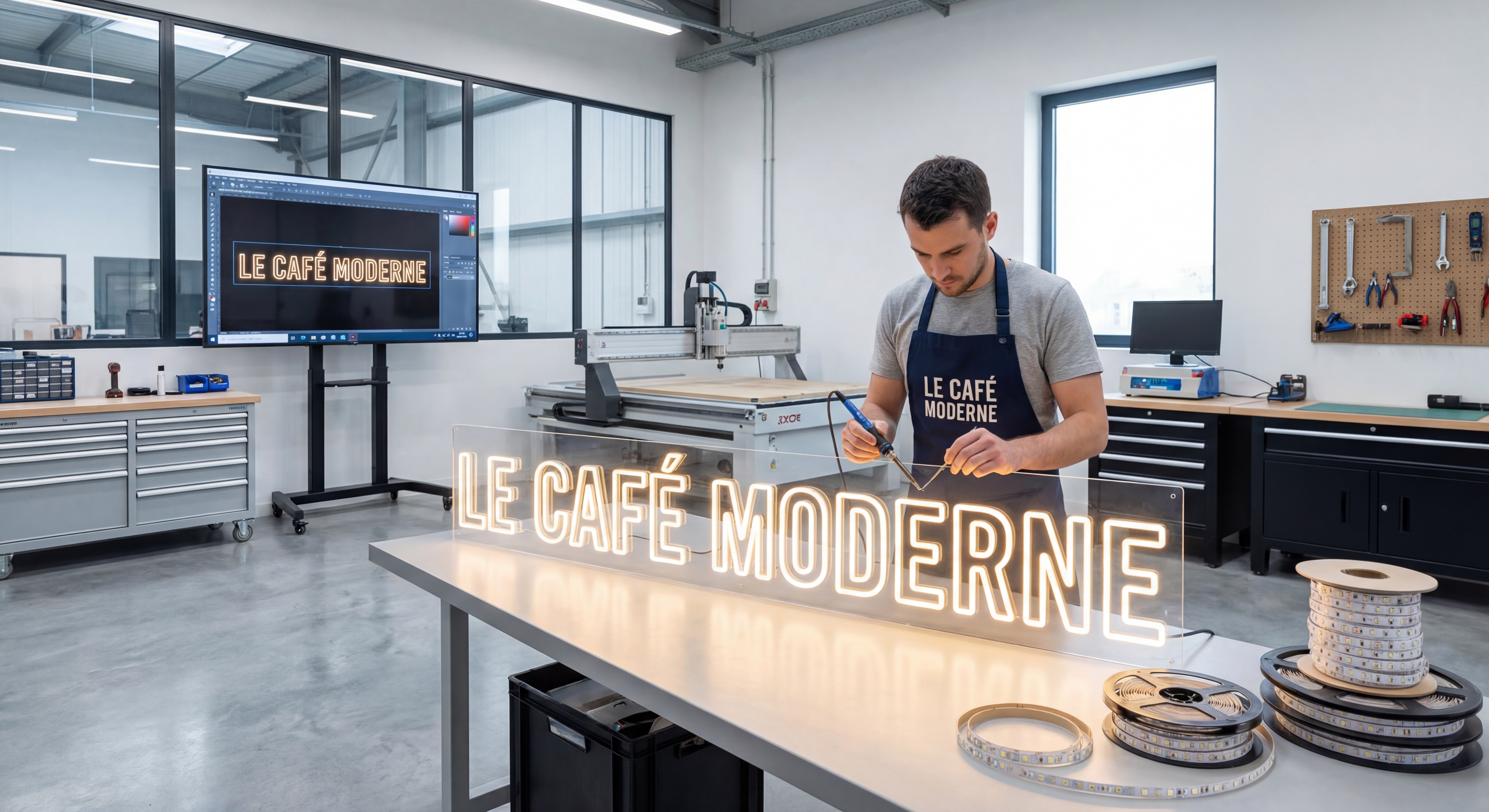Atelier de fabrication d'enseignes LED avec technicien travaillant sur une enseigne lumineuse commerciale